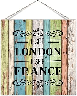 Rustic Farmhouse Wood Sign Plaque Funny Bathroom Sign I See London I See France Nostalgic Wood Plank Board Craft Sign for Garden Yard Yard Wall Decorations Home Decor 16x16 Inch
