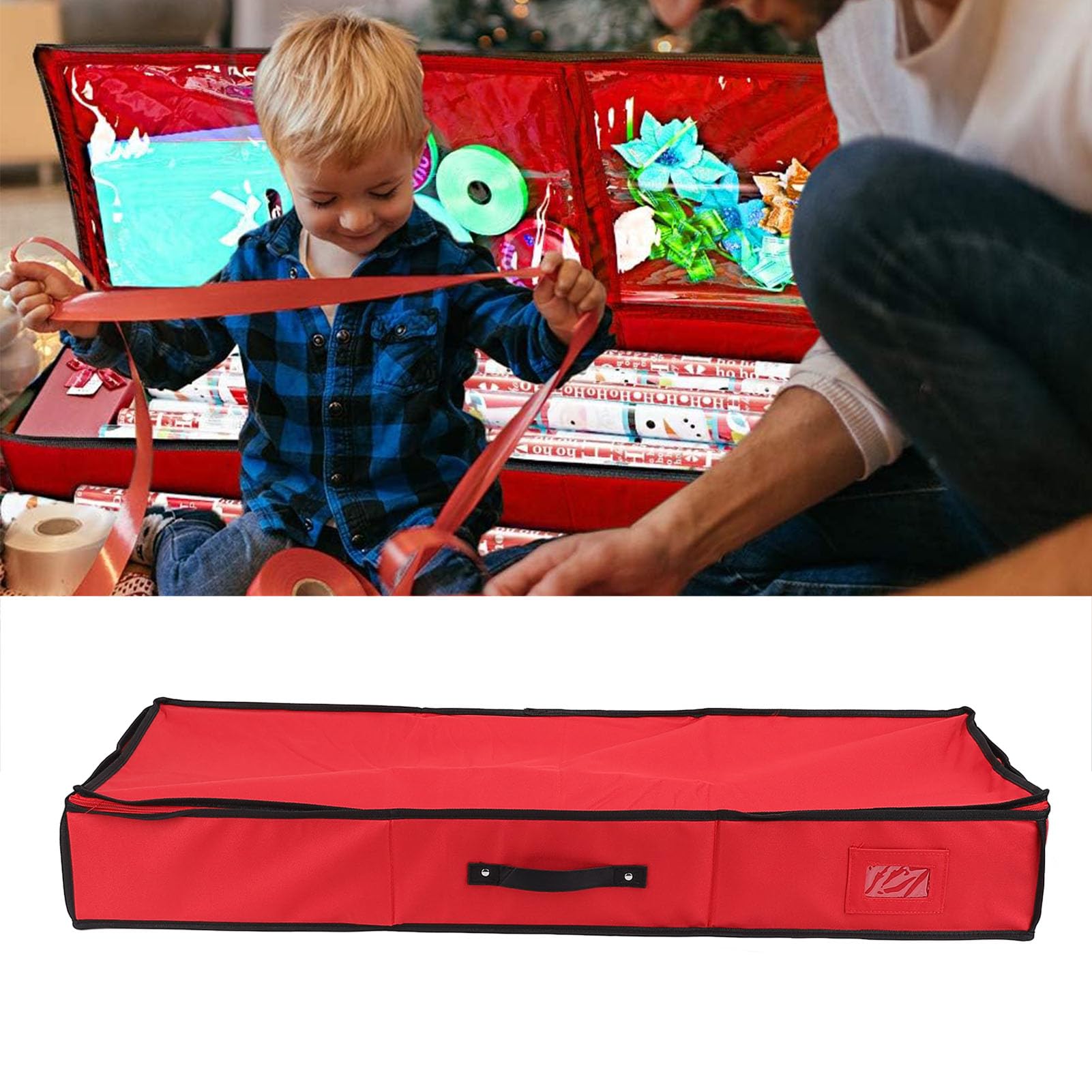 PUSOKEI Contenitore per Conservazione Carta Regalo, Oxford 600D | Gift Wrap Organizer Bag with Zipper, Dustproof, for Under Bed, Red