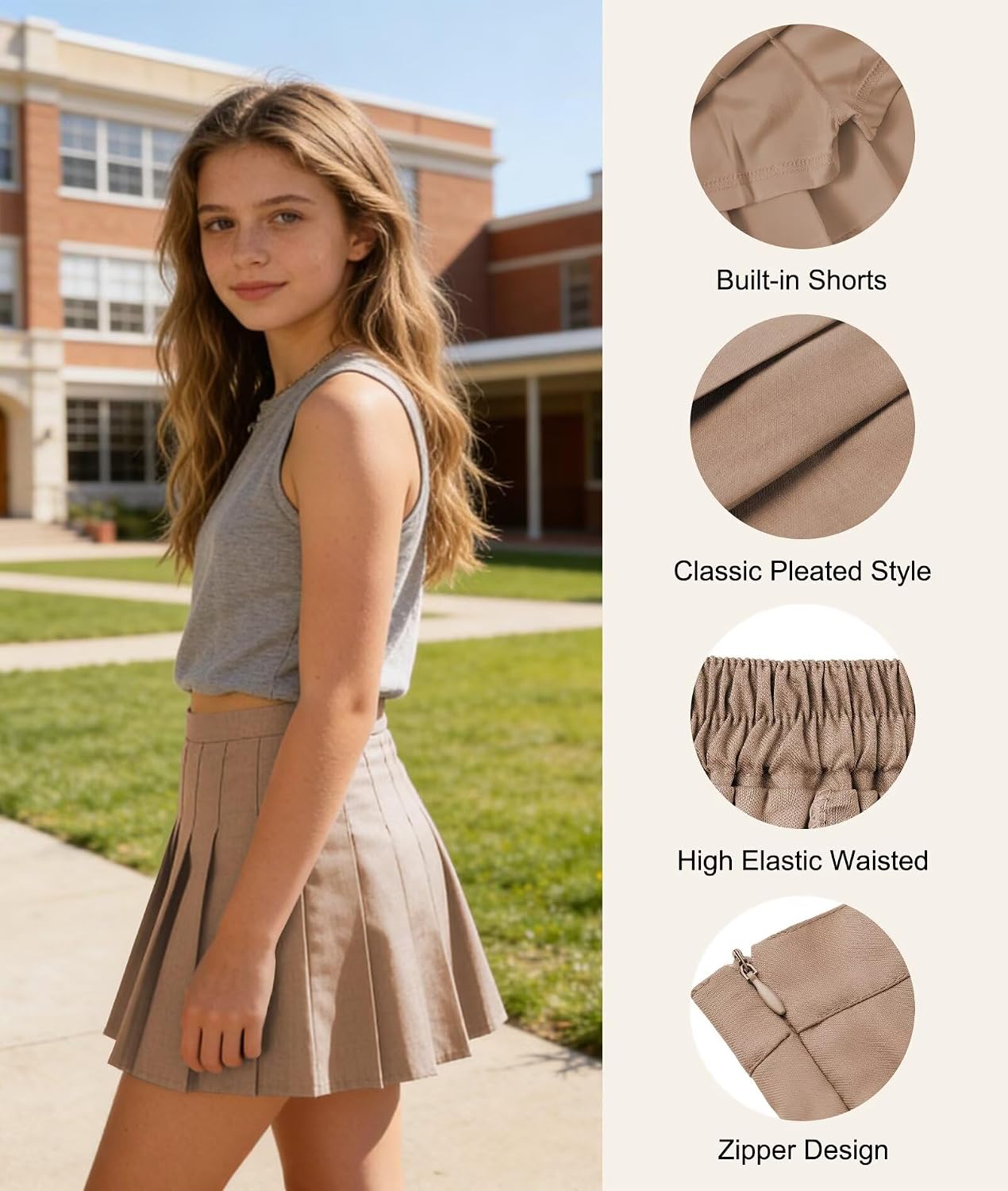 Girls Mini Pleated Skirt Uniform Skirts for Girl High Waisted Skorts with Shorts Casual Sports Plaid Skort