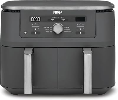 Ninja MAX Freidora de Aire con 2 Cajones Independientes – 6 Funciones Air Fry, Max Crisp, Roast, Bake, Reheat y Dehydrate – 9,5 l con Rejillas Antiadherentes – Gris Metalizado, DZ400EU