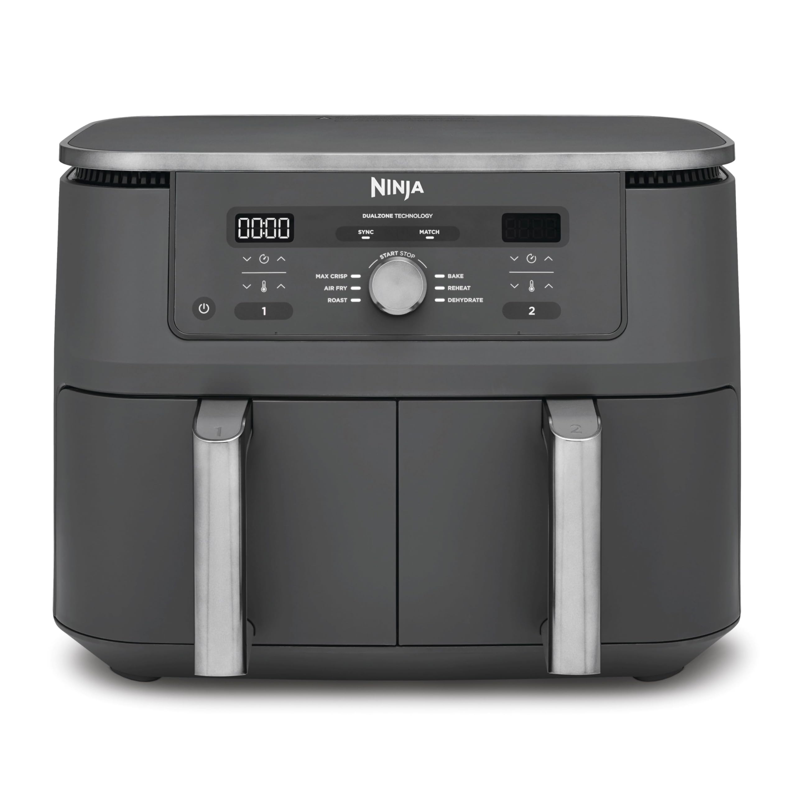 Ninja Dual Zone Digital Air Fryer, 2 Schubladen, 6-in-1, Heißluftfritteuse, 9,5L, Heißluft-Frittieren, Max Crisp, Rösten, Backen, Aufwärmen, Spülmaschinenfeste Körbe, Metallic Grau DZ400EU