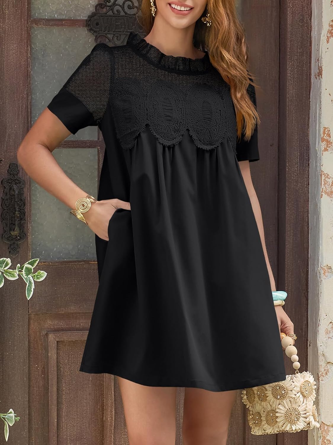 Wenrine Womens Lace Mini Dress Summer Short Sleeve Crewneck Sheer Mesh Casual Loose Ruffle Babydoll Dresses - Image 3