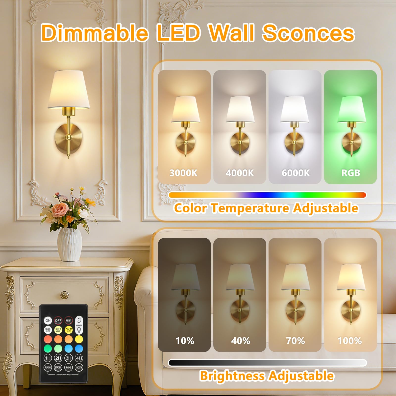 Applique da Parete Ricaricabili LED con Batteria, Oro Lampade da Parete per Camera da Letto, Applique da Parete Interno con a Distanza, 3 Colori Luminosità con 12 Colori RGB per Soggiorno Scale