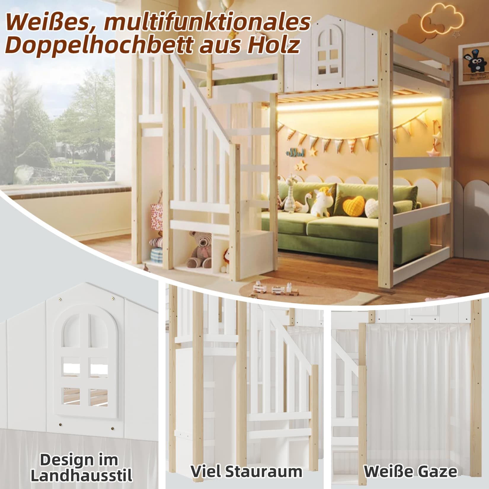 Lit Mezzanine 2 Places 140x200cm,Lit Cabane Enfant avec éclairage LED Réglable,Échelle de Rangement,Rideau en Gaze,Haute Barrière de Type Cabine,pour Enfants Adolescents (Blanc, 140x200)
