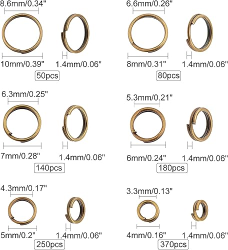 Miniatura 2 de PH PandaHall 1070 anillos de salto divididos de 6 tamaños, anillos de bronce antiguo, llavero pequeño, doble bucle, llaveros abiertos para la