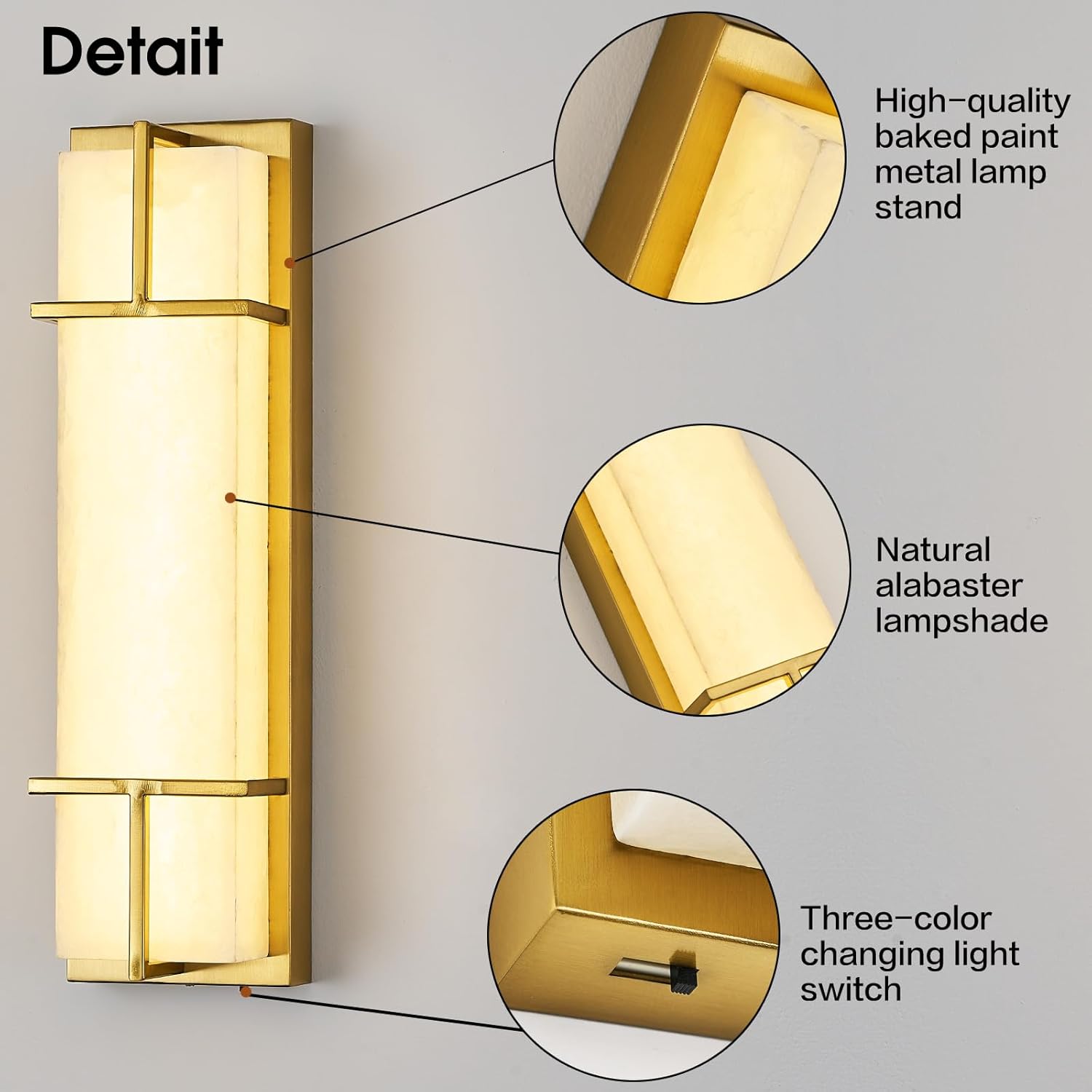 15.7inch Alabaster Wall Sconces, 3 CCT Dimmable Square Natural Marble Lampshade Wall Sconce, Modern Hardwired LED Alabaster Indoor Wall Lamps Dining Room Stairs Bedroom Gold