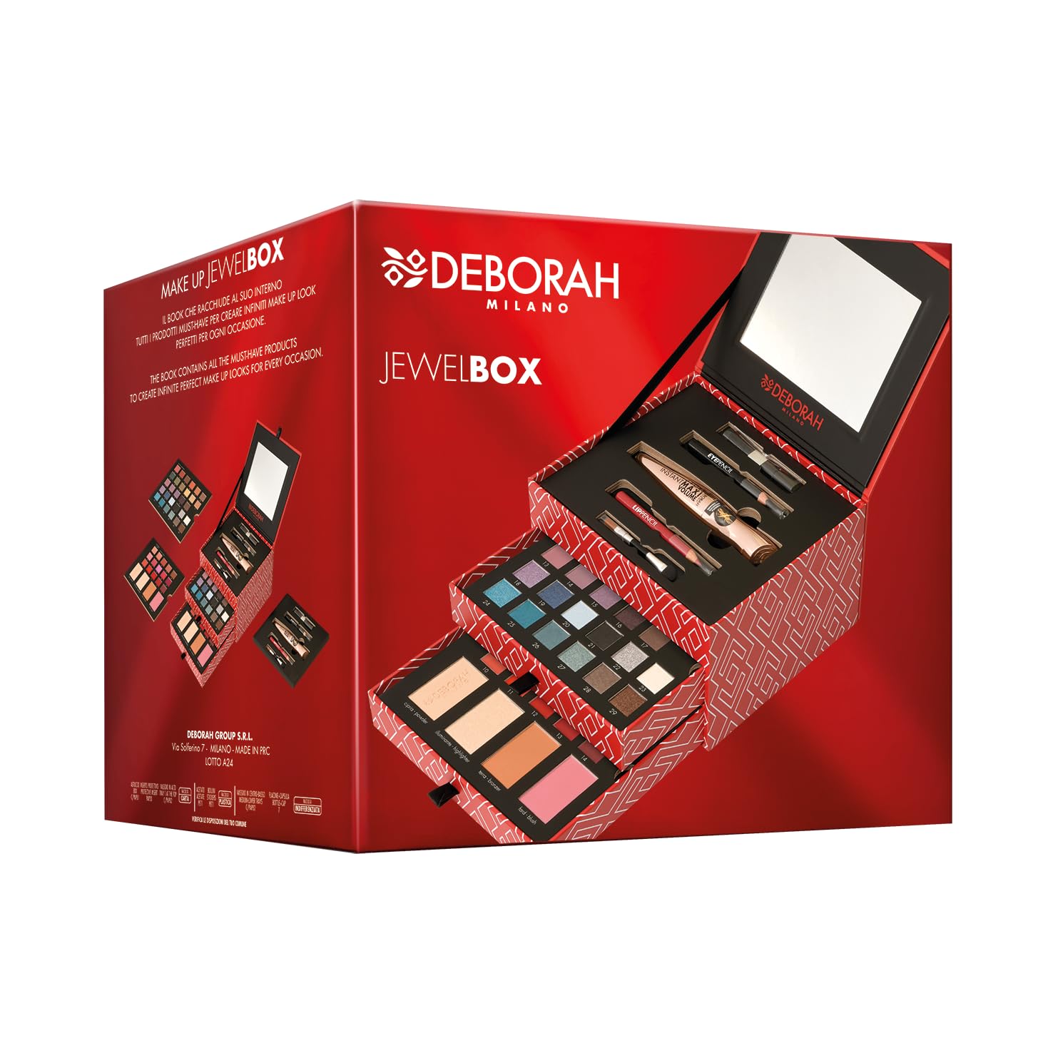 Deborah Milano Gift Set for Women, Make-Up Jewel Box, Mascara Set and Eye Pencil, Lip Palette, Eyeshadow, Lipsticks, Gloss and Face Powder with Various Surfaces and Colours red