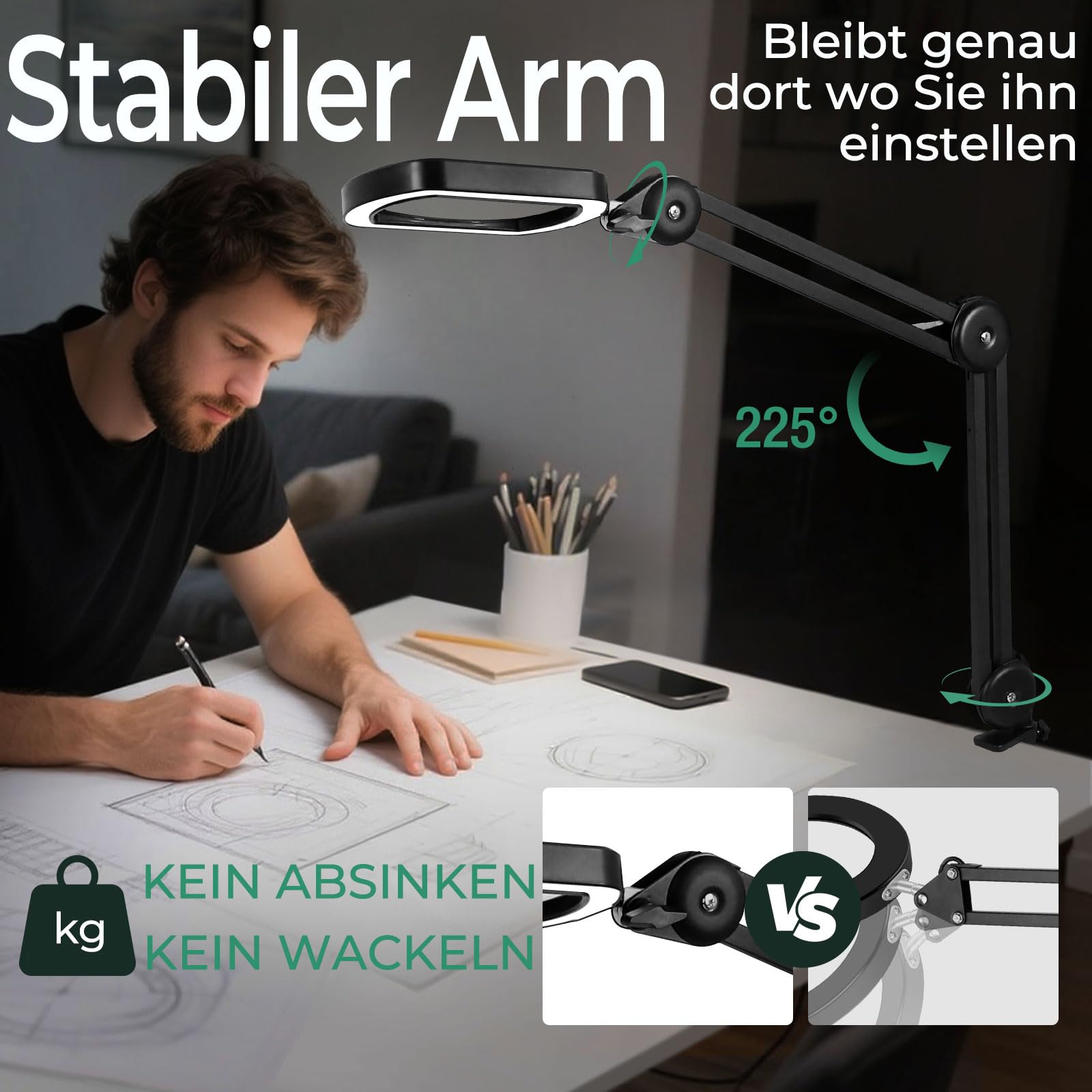 Rechteckige Lupe mit Licht und Ständer,Elegantem Federarm