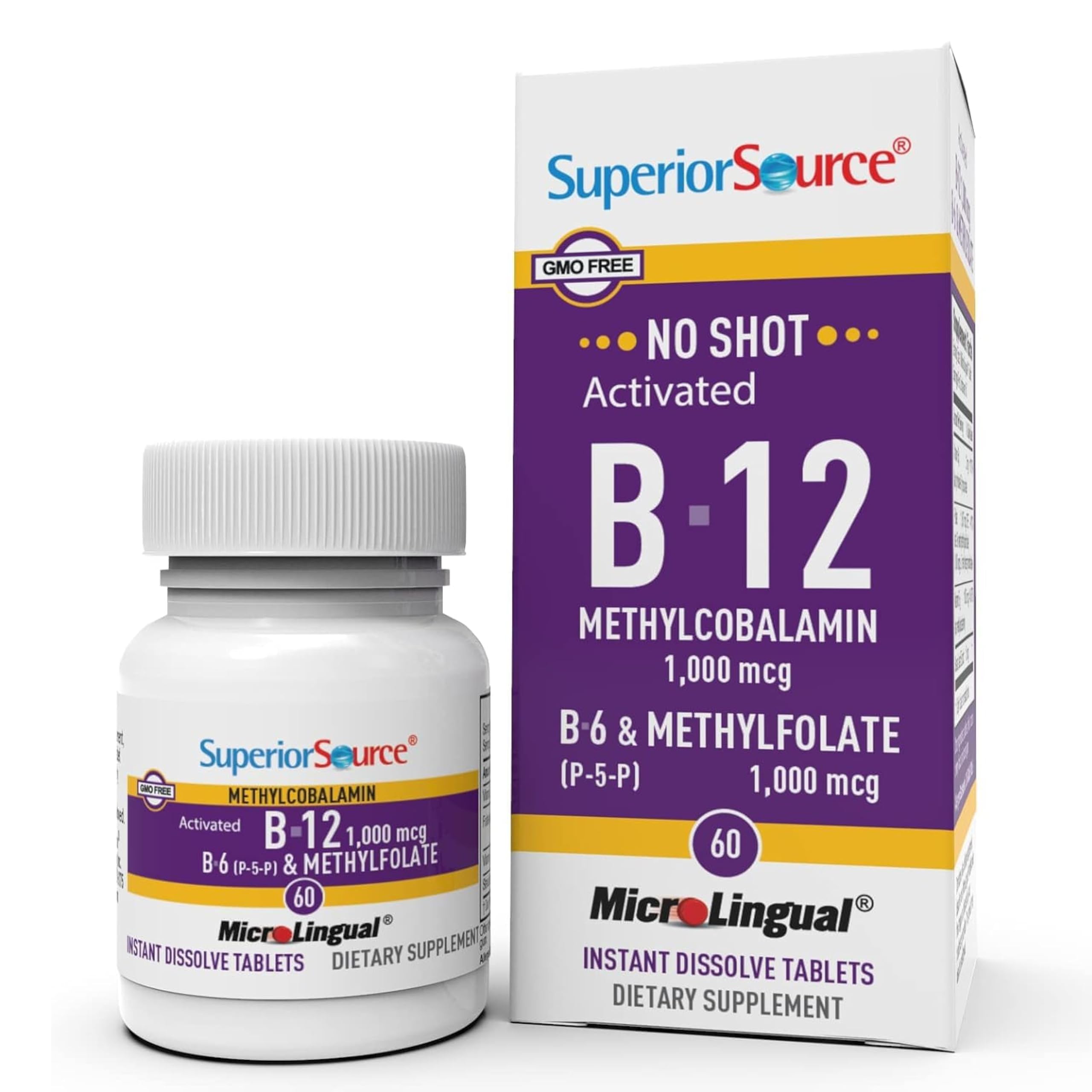 Superior Source No Shot Vitamin B-12 Methylcobalamin 1000 mcg, B-6, & Methylfolate 1000 mcg - Supports Energy, Brain, and Heart Health - Bariatric Friendly - 60 Sublingual Dissolving Tablets