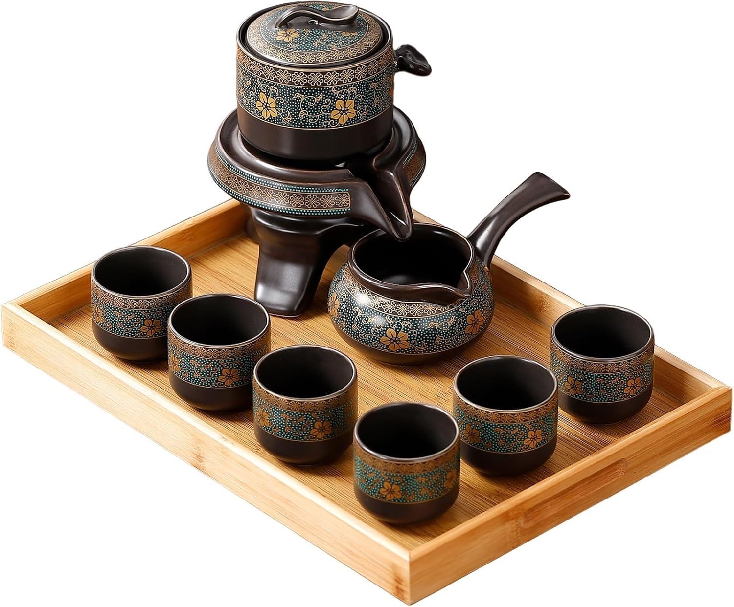Juego de té japonés gongfu de flor dorada, el regalo ideal con tetera mágica y 6 tazas