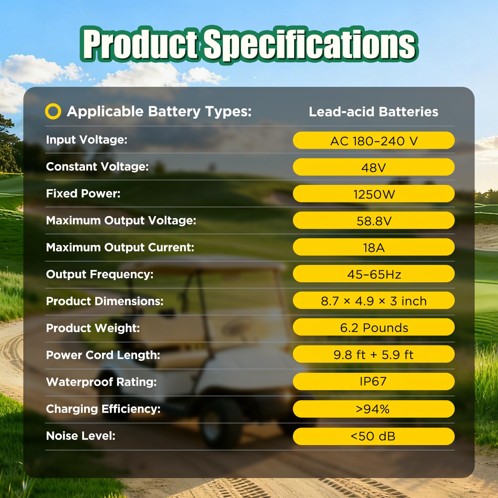 KAISAL 48V 18A Caricabatteria da Golf, 48V Caricatore per Carrello da Golf per Club Car, Caricabatterie Intelligente a Mantenimento, per 48Volt Batterie al Piombo Acido, IP67 Impermeabile
