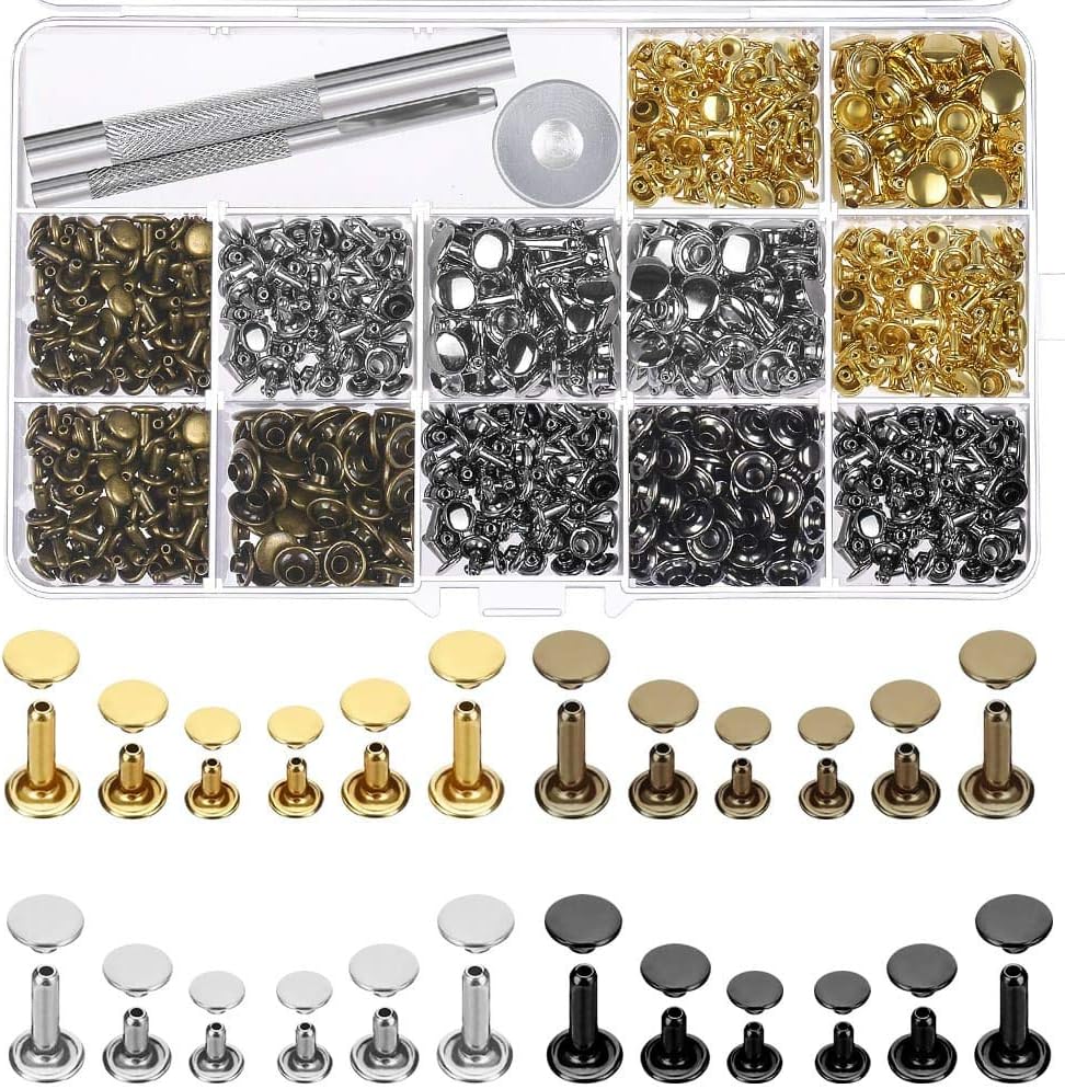 Selizo 480 Sets 4 Colors 3 Sizes Leather Rivets Double Cap Rivet Tubular Metal Studs with 3 Pieces Setting Tool Kit for Leather Craft Repairs Decoration