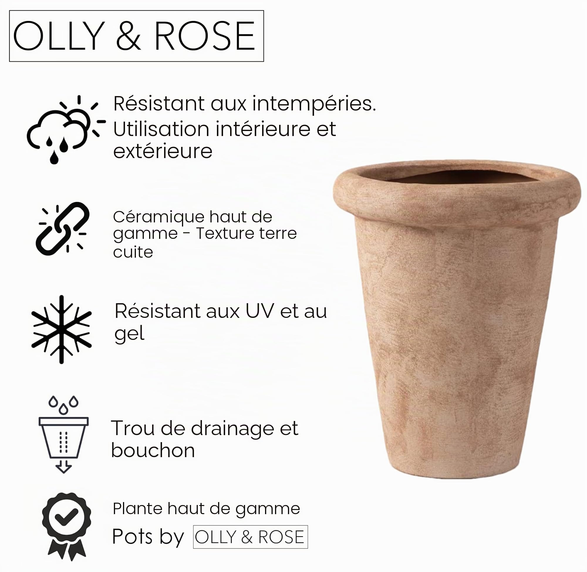Olly & Rose Sienna Pot de fleurs haut en terre cuite 24 x 28,5 cm pour extérieur et intérieur – Pots de fleurs en terre cuite