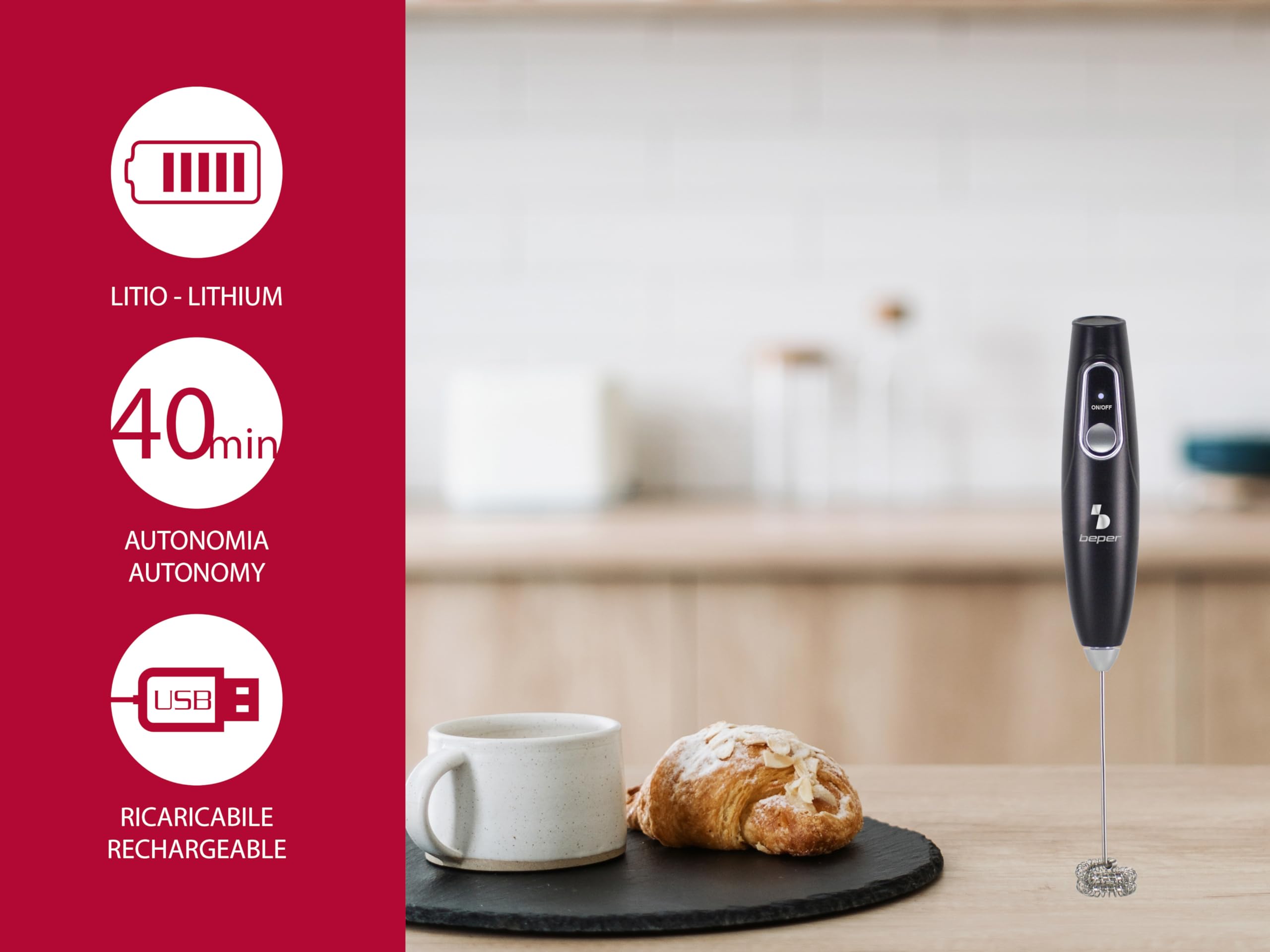BEPER Elektrischer Milchaufschäumer - USB Aufladbar, 40min Akku, Edelstahl