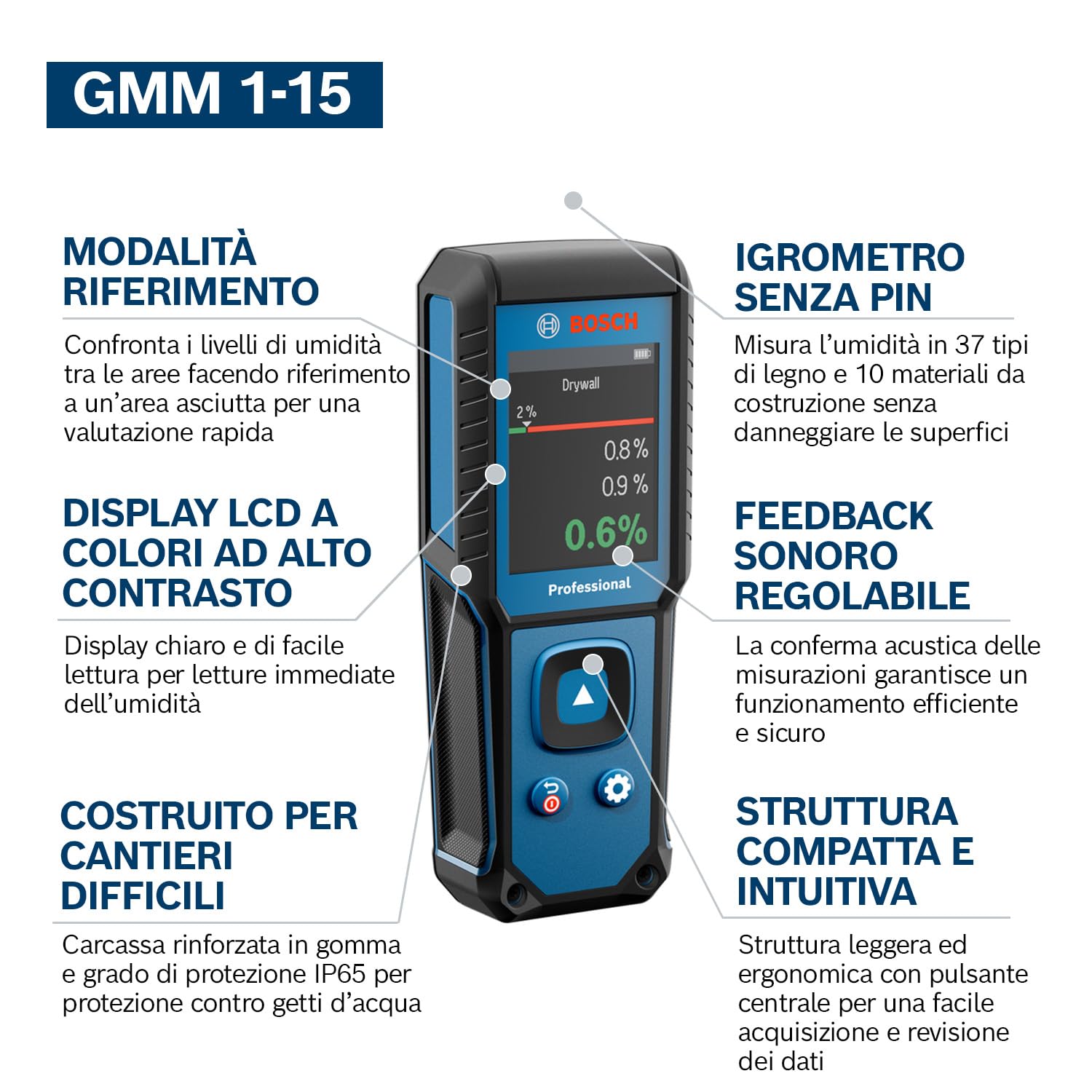 Bosch Professional Igrometro senza pin GMM 1-15 (non invasivo, misura 37 tipi di legno e 10 materiali da costruzione, protezione IP65, 2 batterie AA, custodia)