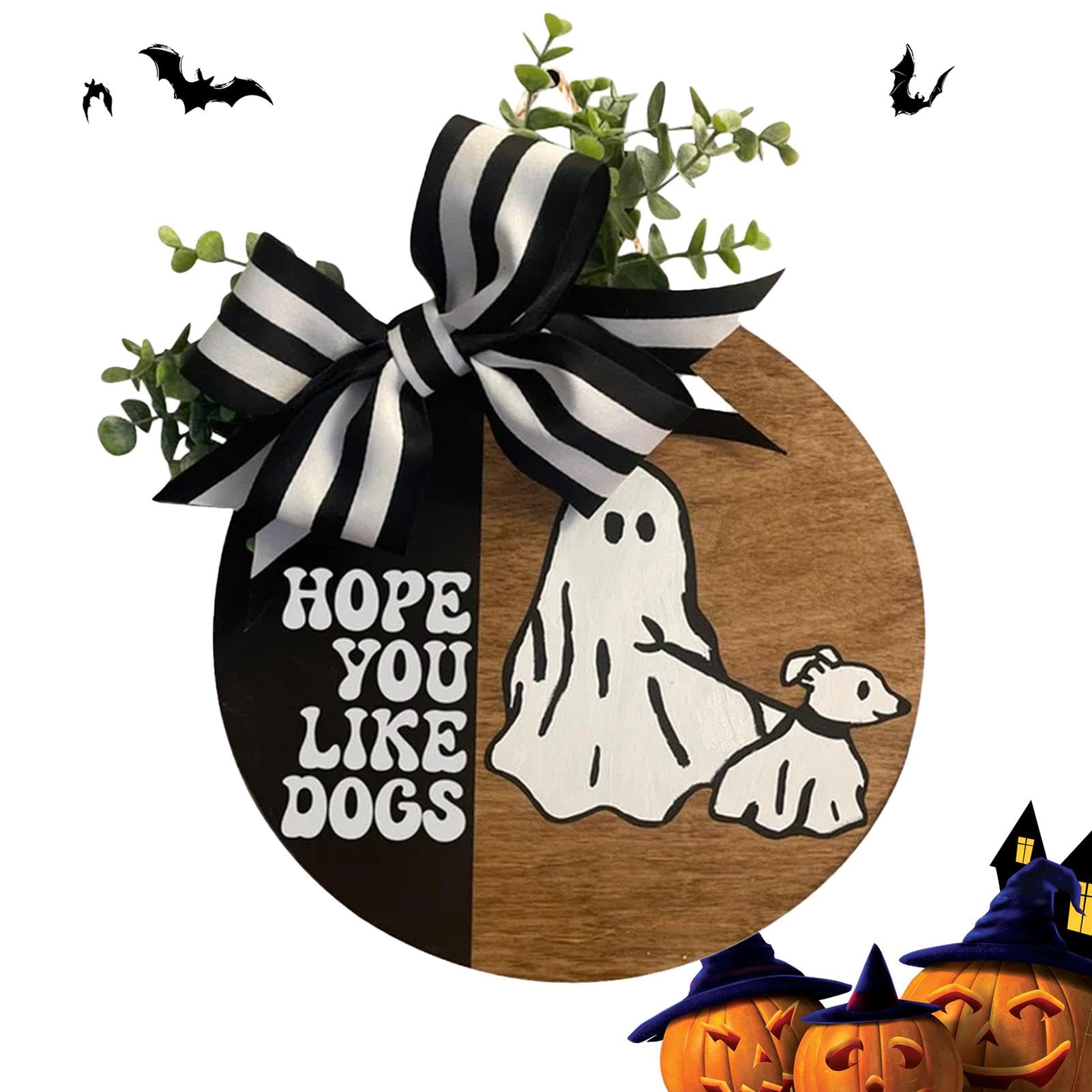 Placa de madera para puerta de Halloween y colgador decorativo con diseño de perro fantasma