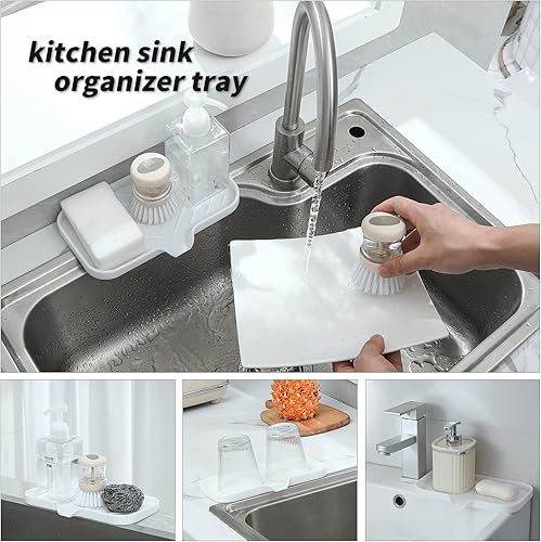Vista 13 de Jaboneras de baño de silicona con boquilla de drenaje, organizador de fregadero de baño y cocina, soporte para esponja, bandeja de jabón para Gris