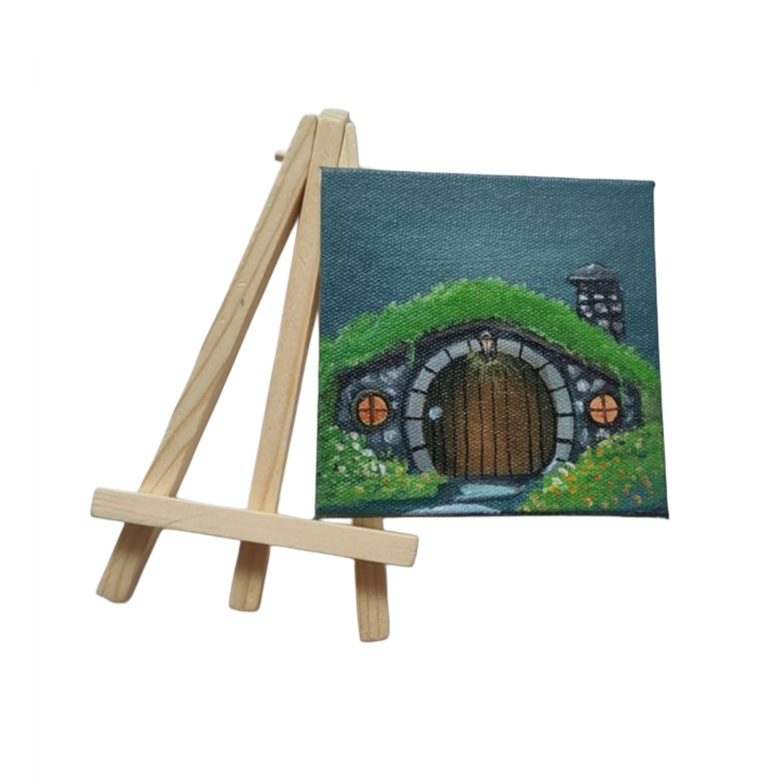 BHAGATH ART STUDIO Mini Fantasy Hobbit House Canvas Painting with Wooden Easel, 10x10 cm,Home Decor,Fine Art,Gift-image-1