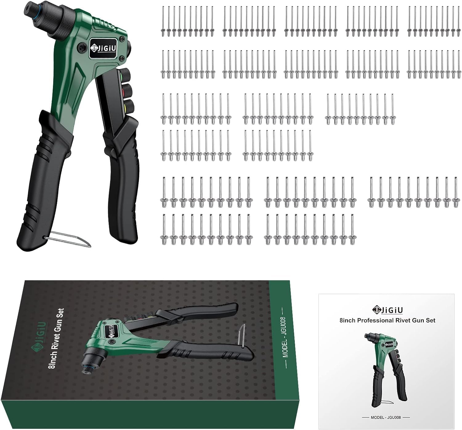 JiGiU Pop Rivet Gun with 200pcs Rivets,Single Hand Rivet Gun Set Rivet Tool Kit with 4 Sizes (2.4mm 3.2mm 4.0mm 4.8mm) Interchangeable Rivet Heads, 4 in 1 Manual Hand Riveter Kit for Metal Automotive