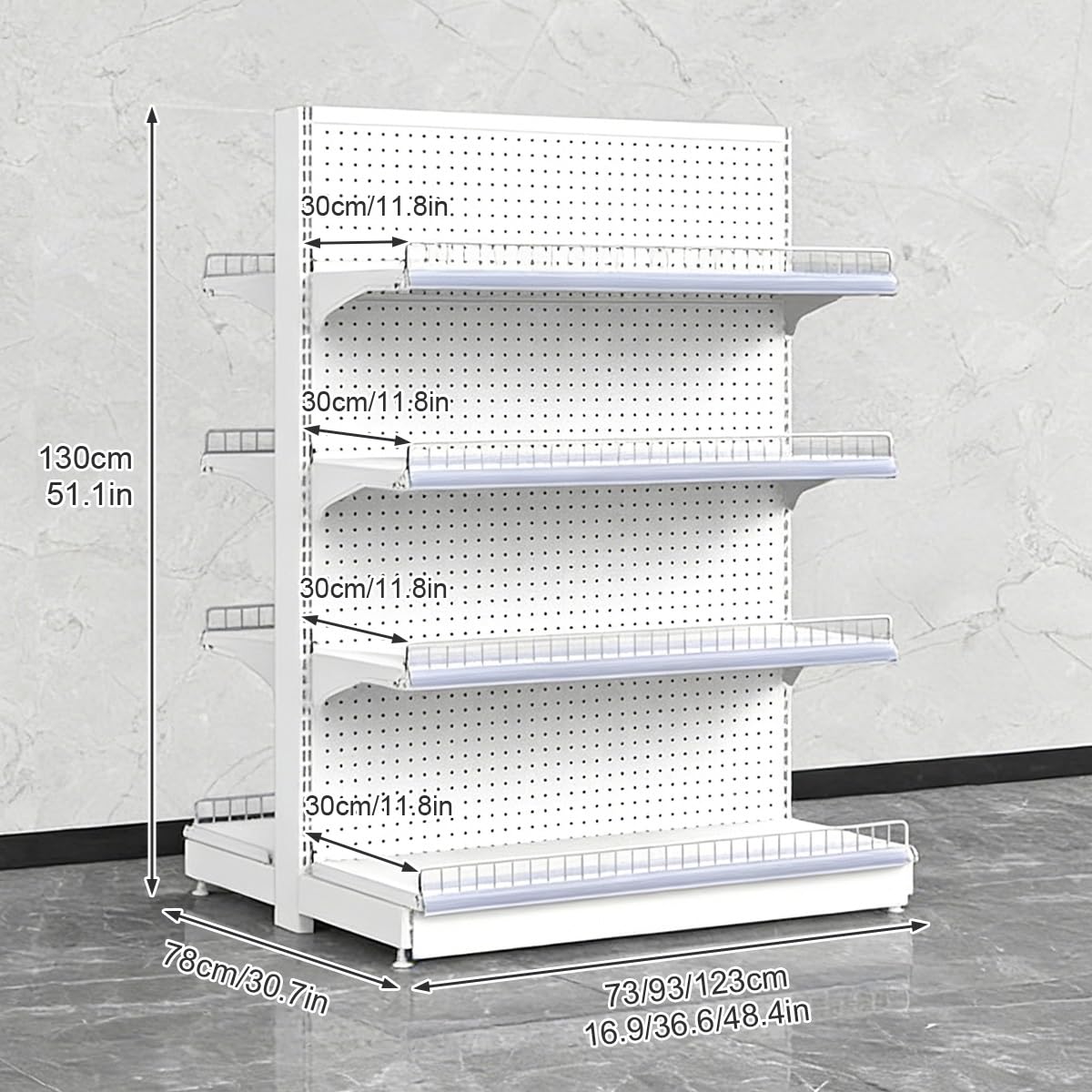 Étagère double face pour gondole – Étagère commerciale pour épicerie, alcools et dépanneurs, blanc, 73 x 130 cm – Sto Solut