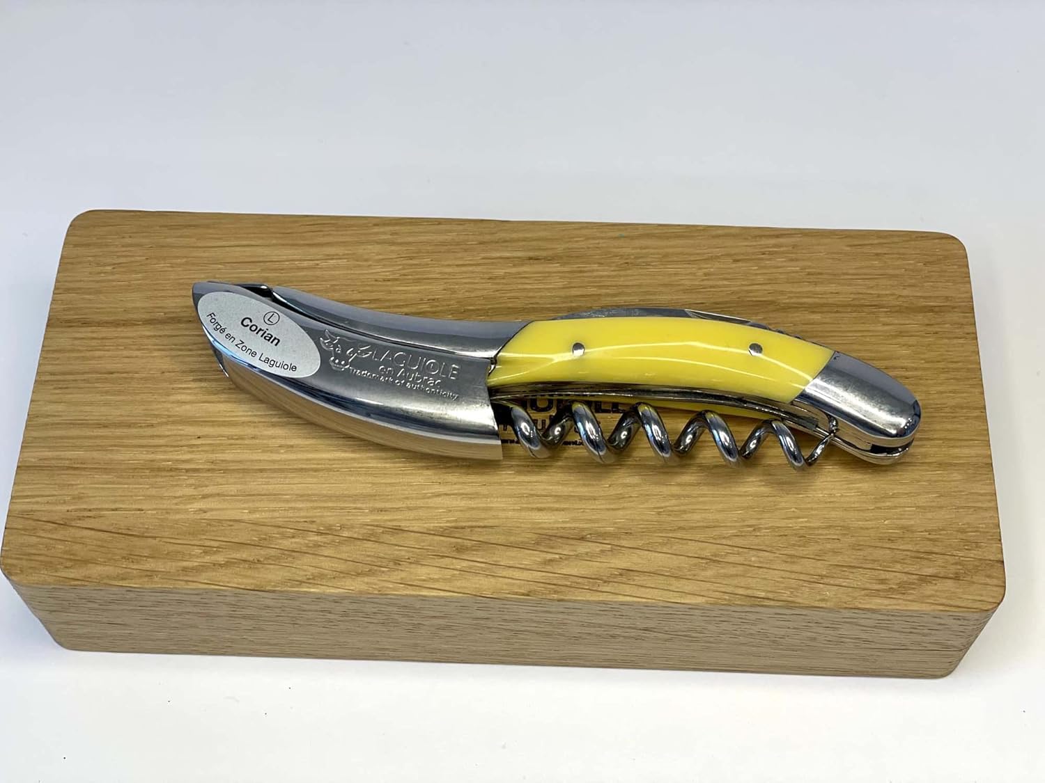 Laguiole En Aubrac Sommelier Waiter's Corkscrew, Corian Handle, Wine Opener With Foil Cutter & Bottle Opener, Stainless Steel Shiny Bolsters (Sunshine Yellow Corian)