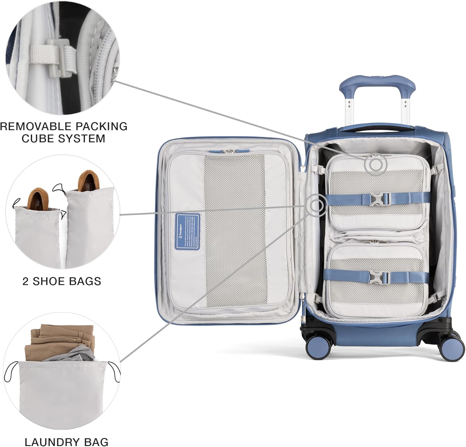Travelpro VersaPack+ Lightweight Softside Expandable Carry on Luggage, 8 Spinner Suitcase, TSA Lock, Men and Women, Compact Carry On 20-Inch, Elemental Blue - Image 8
