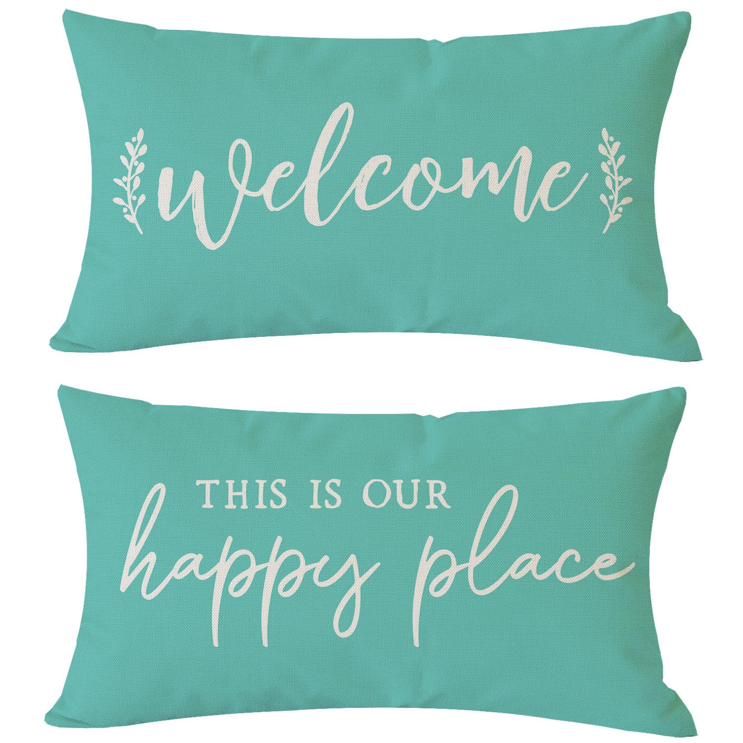 PANDICORN Farmhouse Lumbar Decorative Throw Pillow Covers 12x20 Set of 2 Welcome This is Our Happy Place Turquoise Outdoor Spring Summer Front Porch