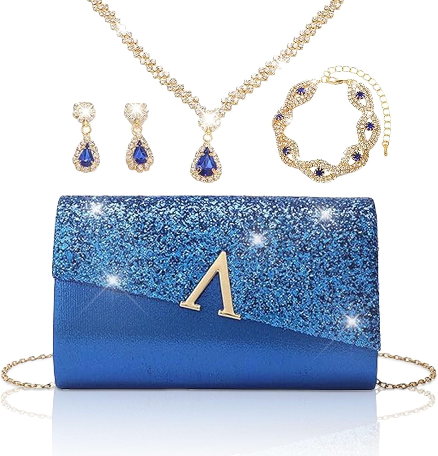 YYW 4 Pieces Women Evening Handbags Clutch Purse Bag with Rhinestone Crystal Jewelry Set for Wedding Party