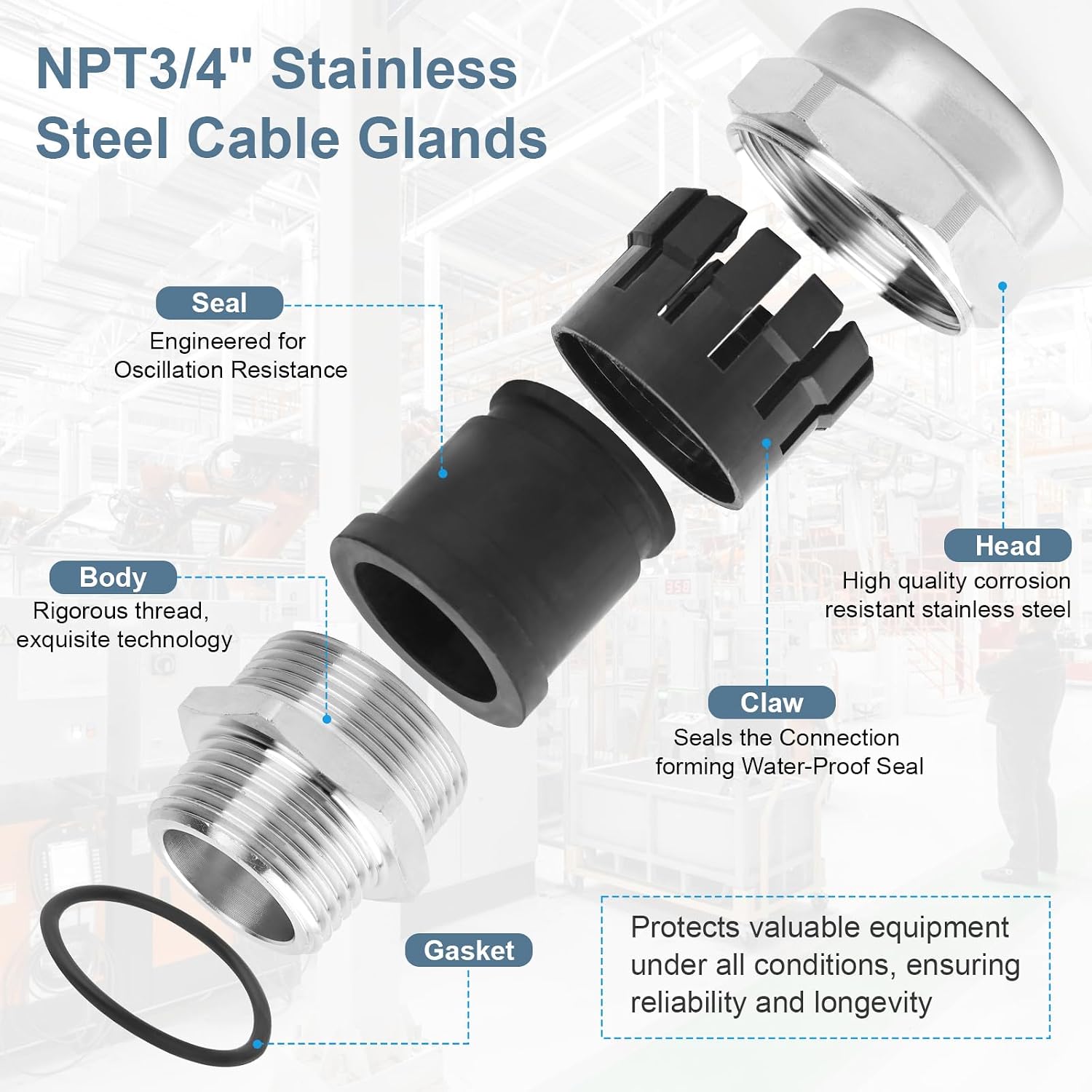 NPT 3/4" Stainless Steel Waterproof Cable Gland IP68, Adjustable 13-18mm