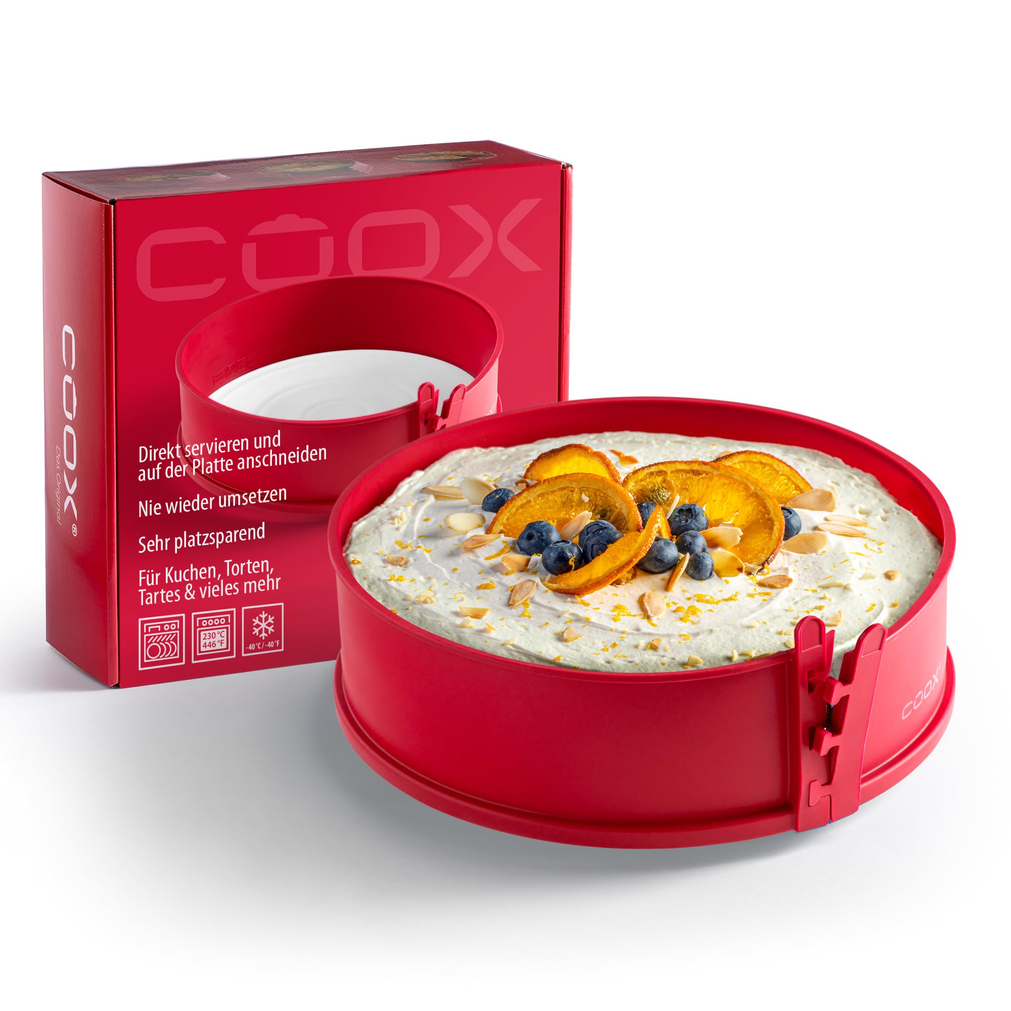 coox Molde desmontable con base de porcelana de 26 cm en color rojo, hornear y servir directamente en la placa de porcelana, no requiere reposicionamiento