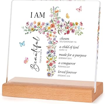 Baptism Gifts for Girl, Christian Desk Decor with Wooden Base | Birthday Inspirational Religious Christening Easter Christian First Communion Confirmation Gifts for Teen Girls, Goddaughter
