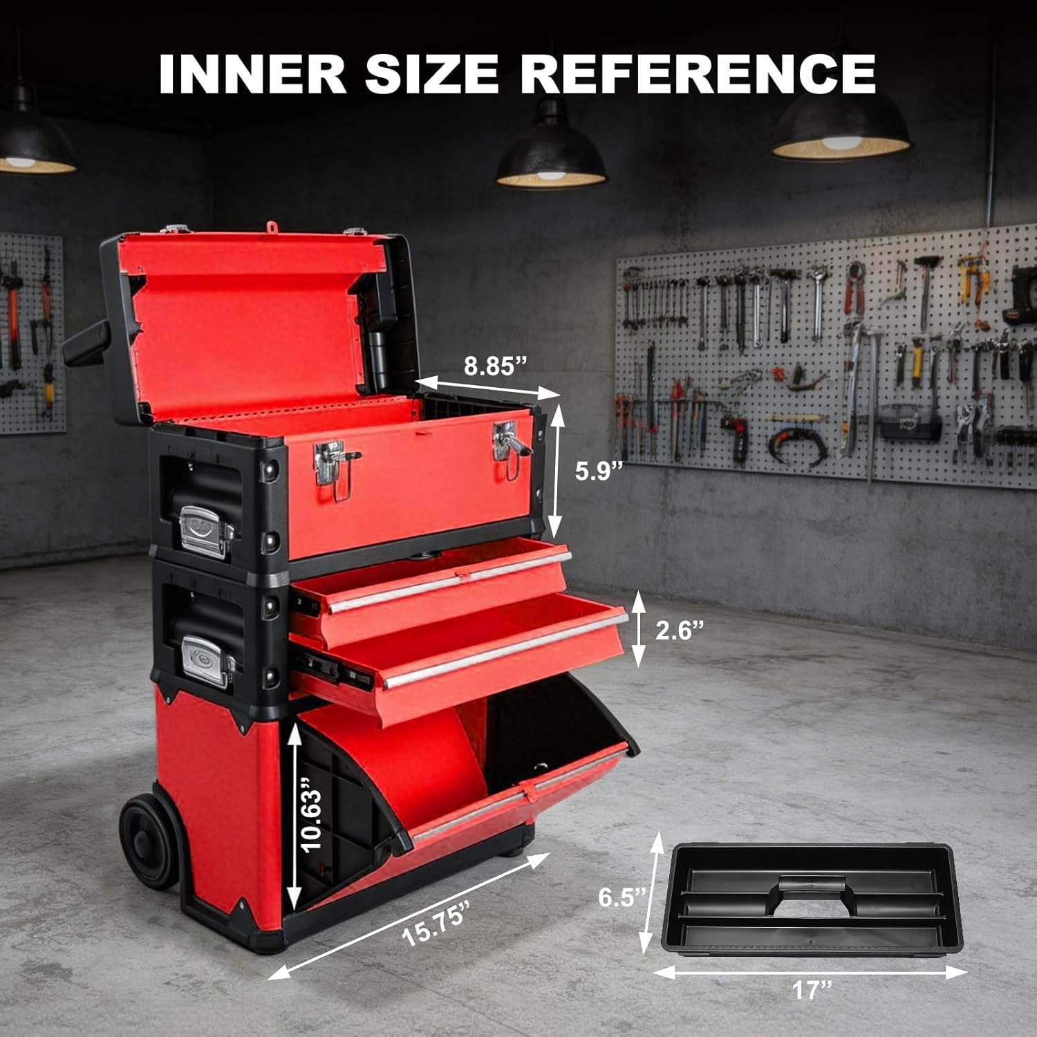 Stackable Rolling Tool Box Portable Metal Toolbox Organizer with Wheels and 2 Drawers Separate Rolling Upright Trolley Tool Chest for Garage or Workshop, Red