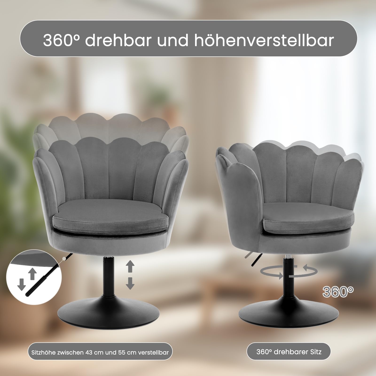WOLTU Schminktisch Stuhl Blumenform, Schminkstuhl mit Lehne, Esszimmerstuhl höhenverstellbar, Barstuhl 360° drehbar, Drehhocker 150 kg belastbar, runder Hocker, mit Samtbezug, Dunkelgrau, BH420dgr-1