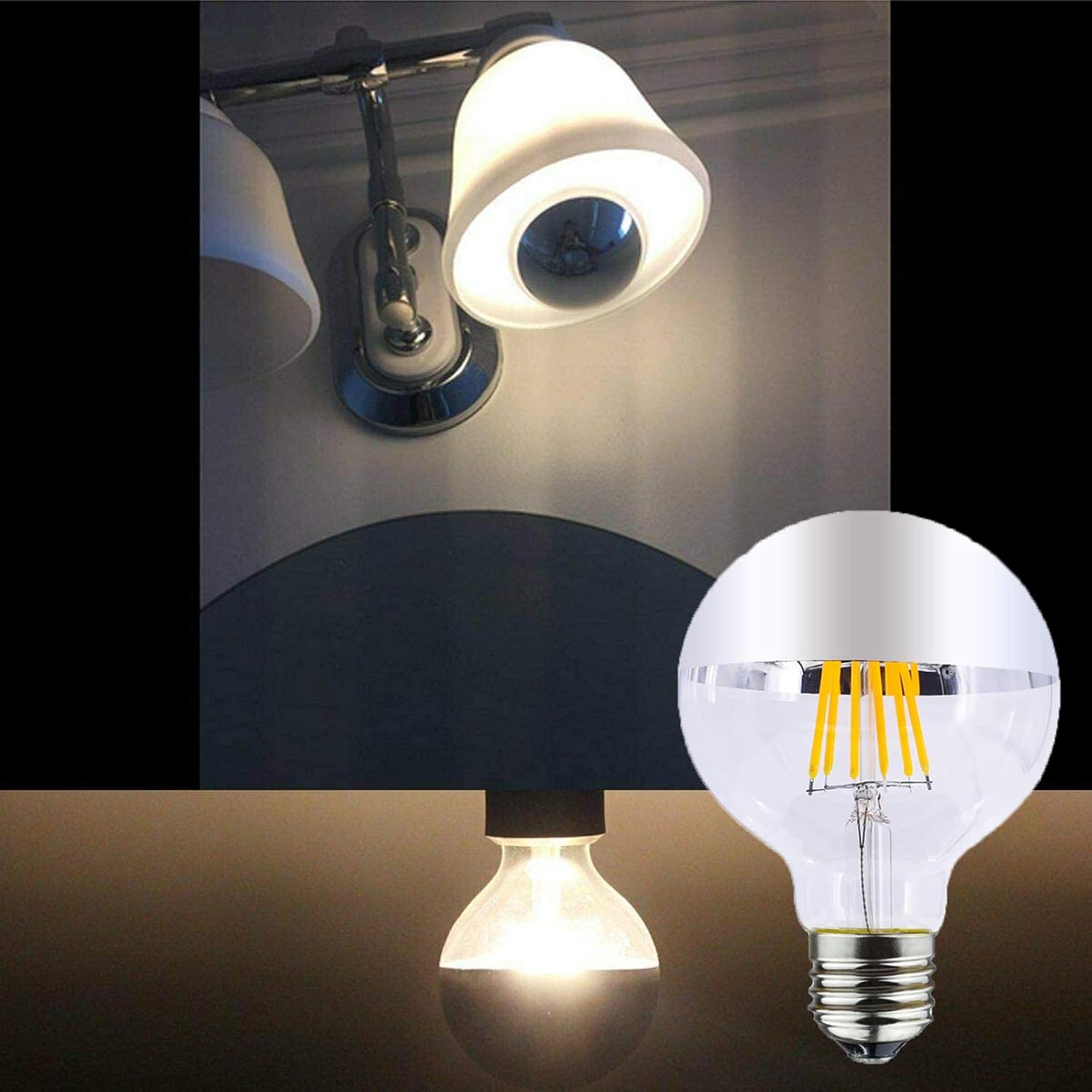 Lxcom Lighting G80/G25 Large Globe Lights 7W Dimmable Half Chrome Silver LED Light Bulb Filament Vintage Edison Bulbs with Mirror 70W Equal Warm White 2700K E26 Base G25 Reflected Light, 4 Pack