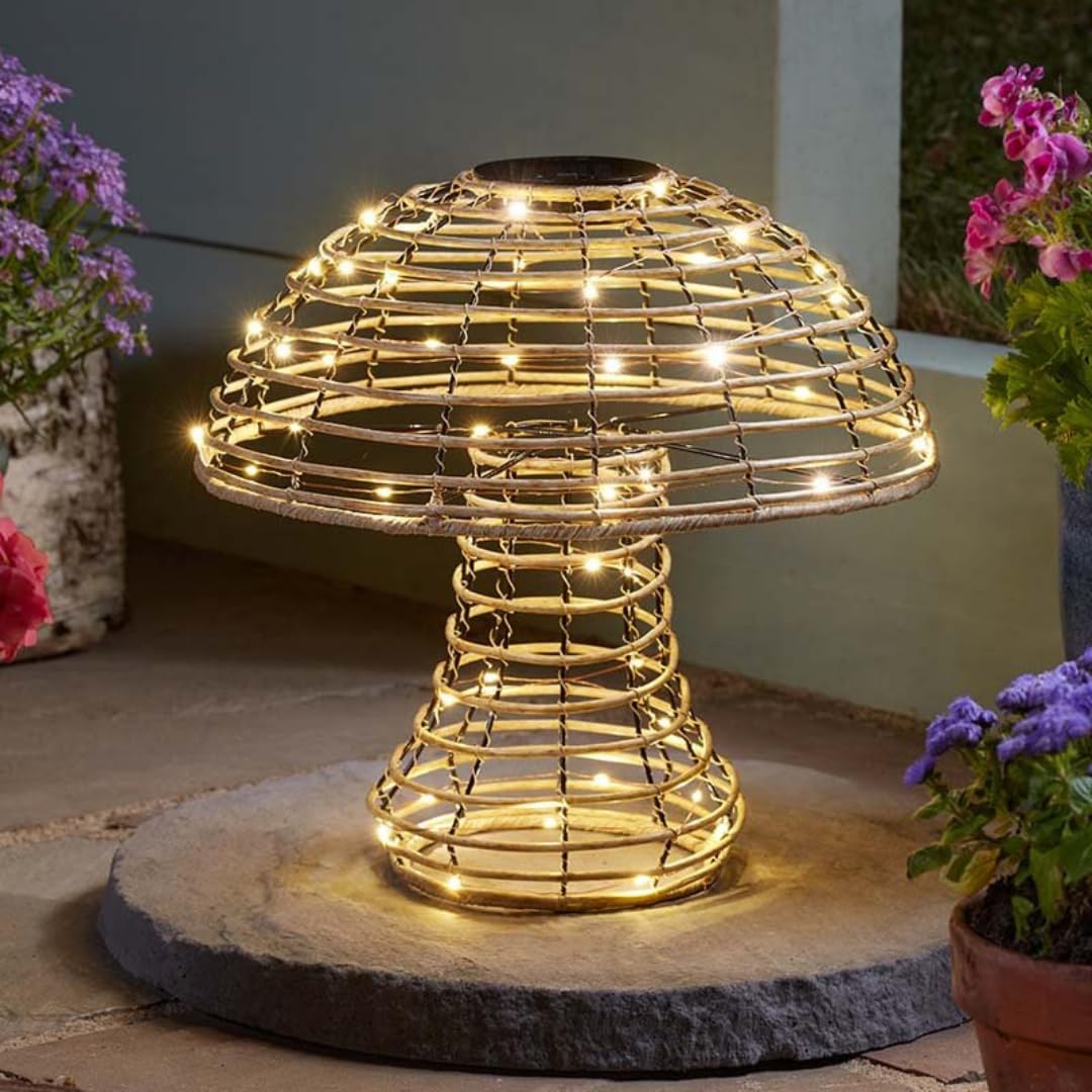 Garden Mile Extra Large 35cm Rattan LED Solar Light - Mushroom Warm White LED Light Decoration - Freestanding Garden Ornaments - Solar Powered Outdoor Lighting for Patio, Tables & Gardens