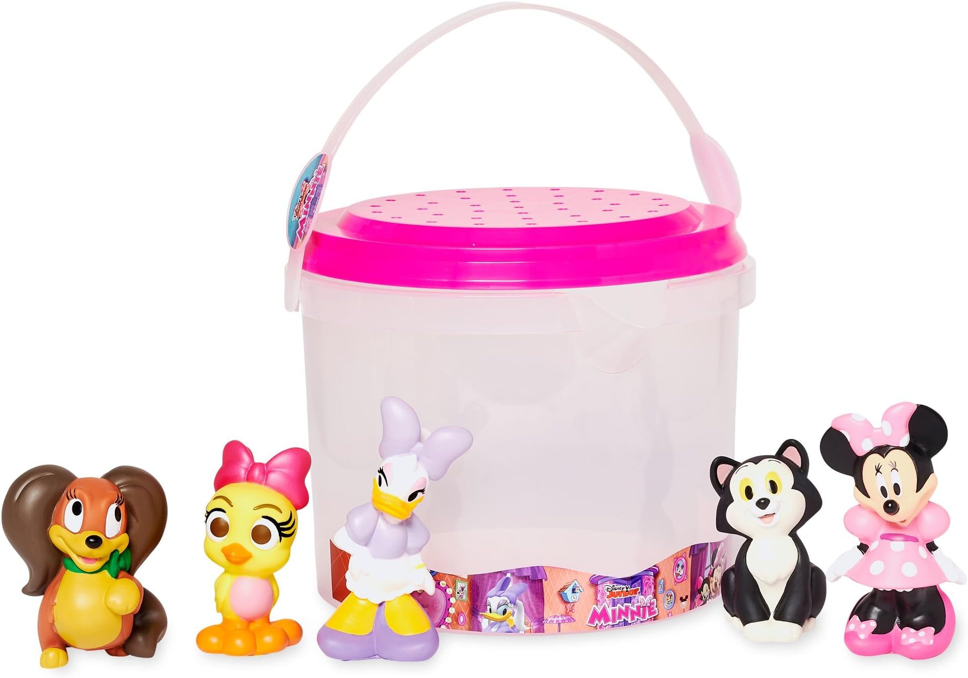 Official Minnie Mouse Bath Toys Set - Includes 5 Detailed Toys with a Straining Storage Bucket - Bath Time Fun & Water Play Set for Kids
