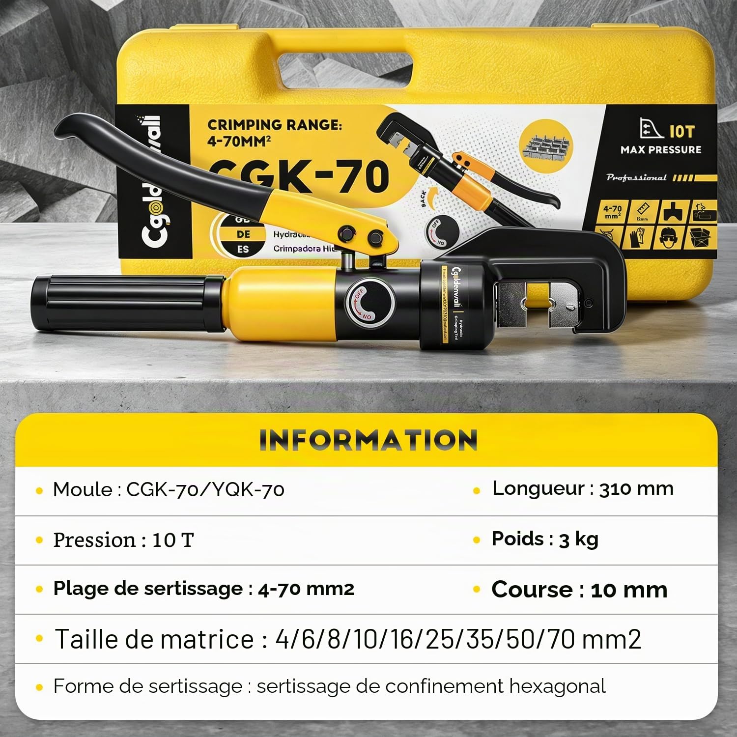 CGOLDENWALL YQK-70 Pince à Sertir Hydraulique Outil de Sertissage 4-70 mm² Pression 10T avec 9 Matrices Hexagonales Course 12mm pour Cosses de Câbles en Cuivre et Aluminium