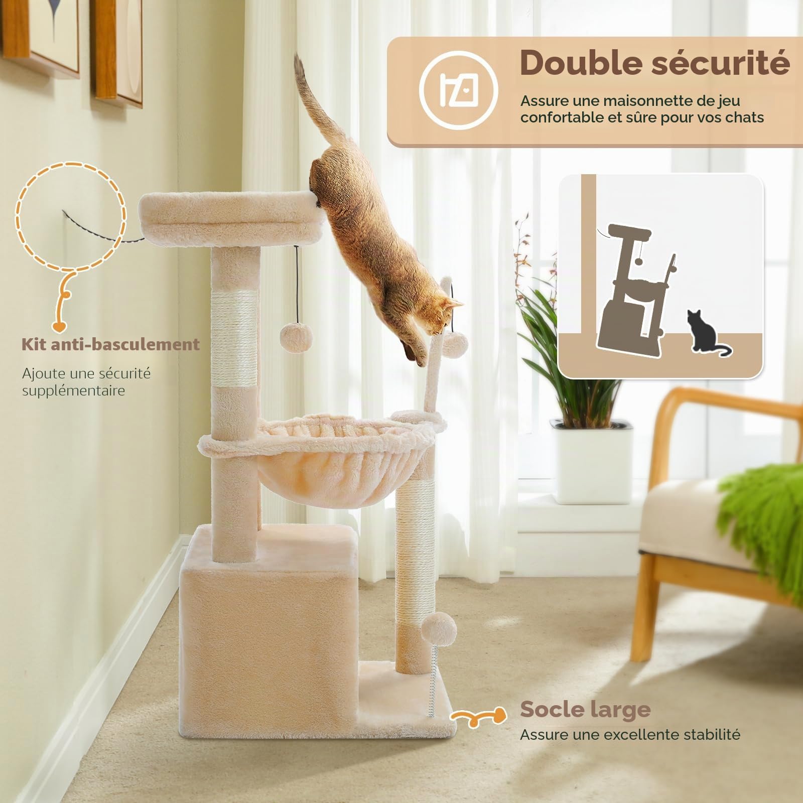 PAWZ Road Arbre à chat d'intérieur pour chat avec grand hamac 79 cm