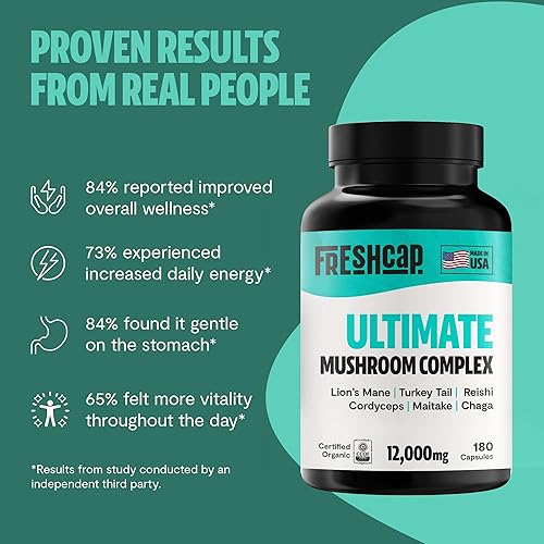 Miniatura 5 de FreshCap Ultimate - Suplemento de hongos de 12,000 mg, cápsulas complejas nootrópicas, apoyo inmunológico de hongos orgánicos, suplementos