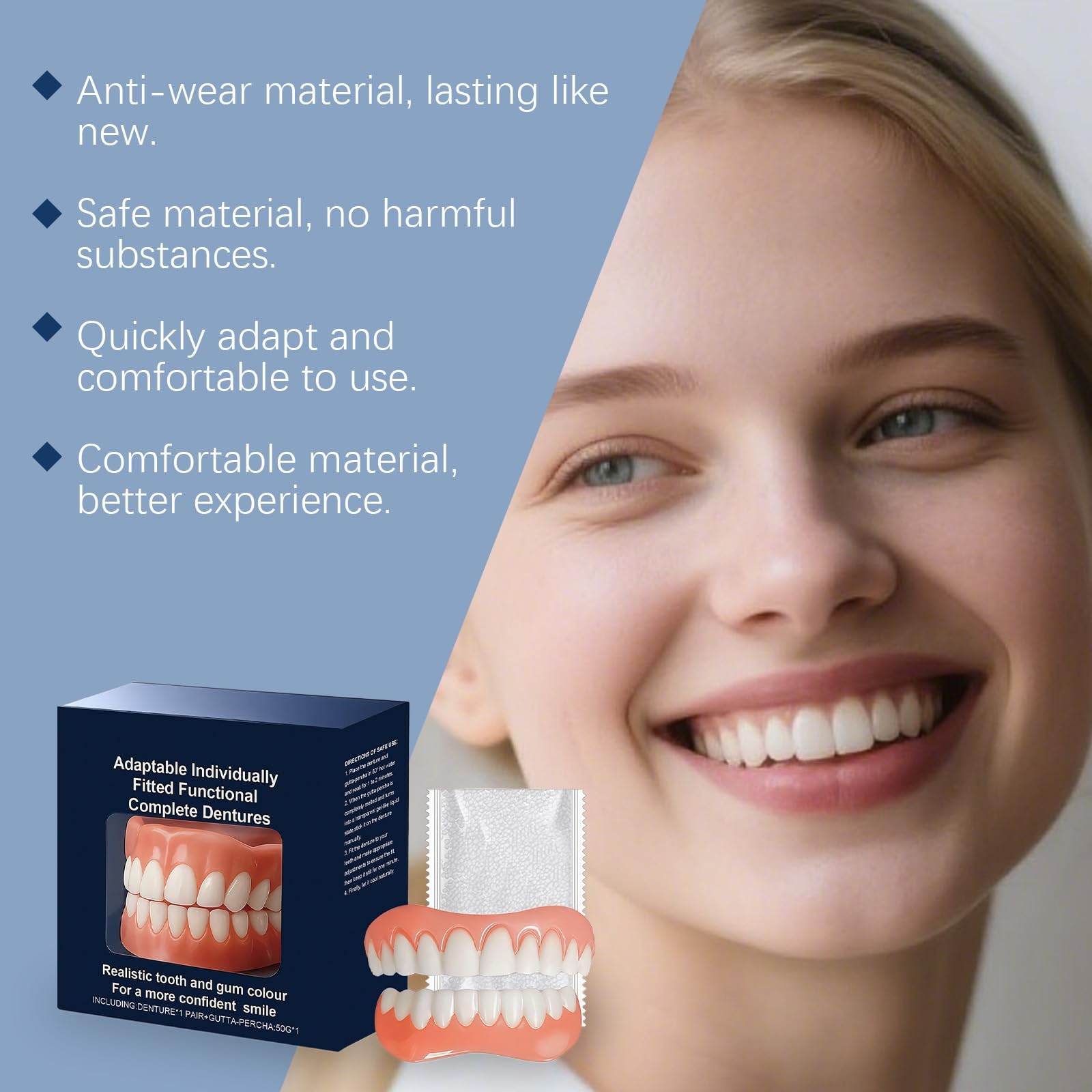 Dentaduras postizas,Prótesis dentales completas funcionales adaptables y a medida,Juego avanzado de prótesis dentales completas personalizadas, Prótesis dentales de silicona para boca (3 juego)