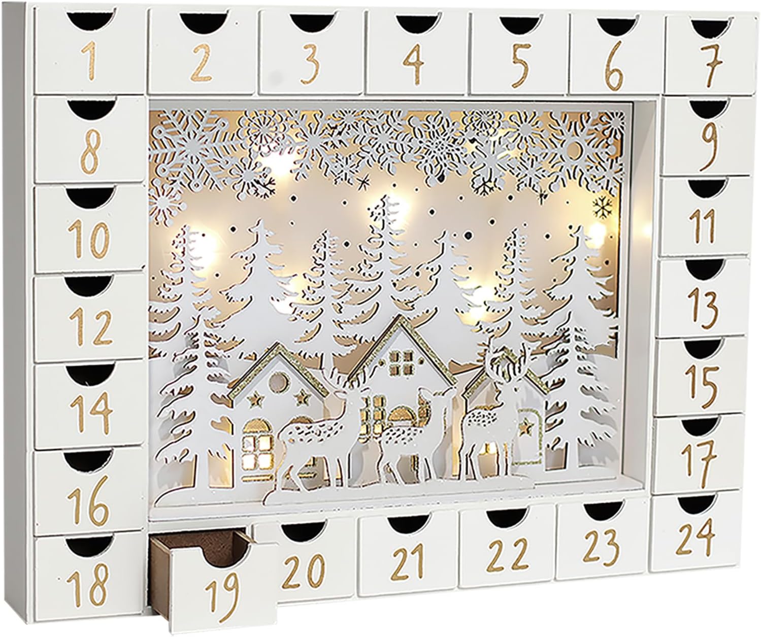 Calendrier De L'Avent En Bois Avec 24 Tiroirs Et éclairage LED - Décoration De Noël Scénique - Dimensions Environ 30x10x31,5 Cm - Compte à Rebours Festif