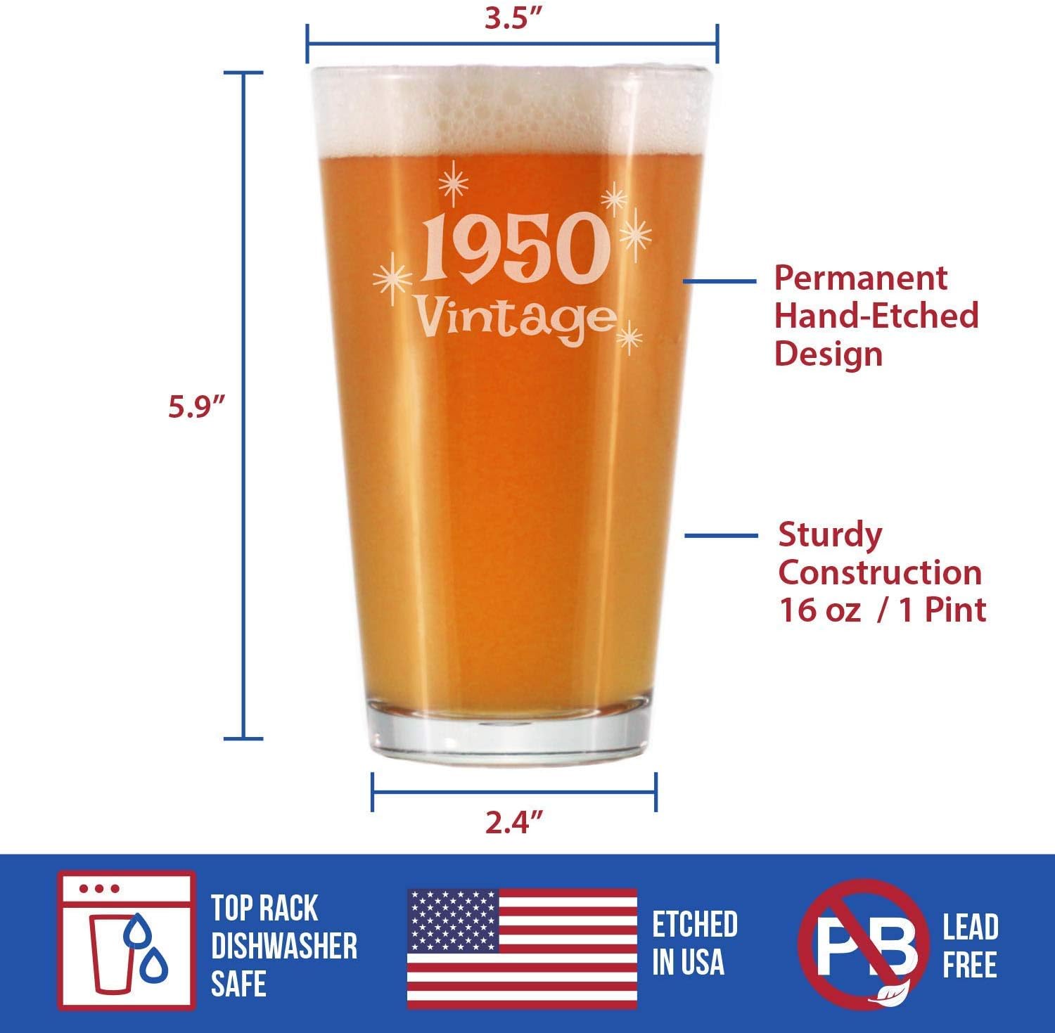 Bevvee Vintage 1950 Pint Glass for Beer - 76th Birthday Gifts for Men or Women Turning 76 - Fun Bday Party Decor - 16 oz - Image 4