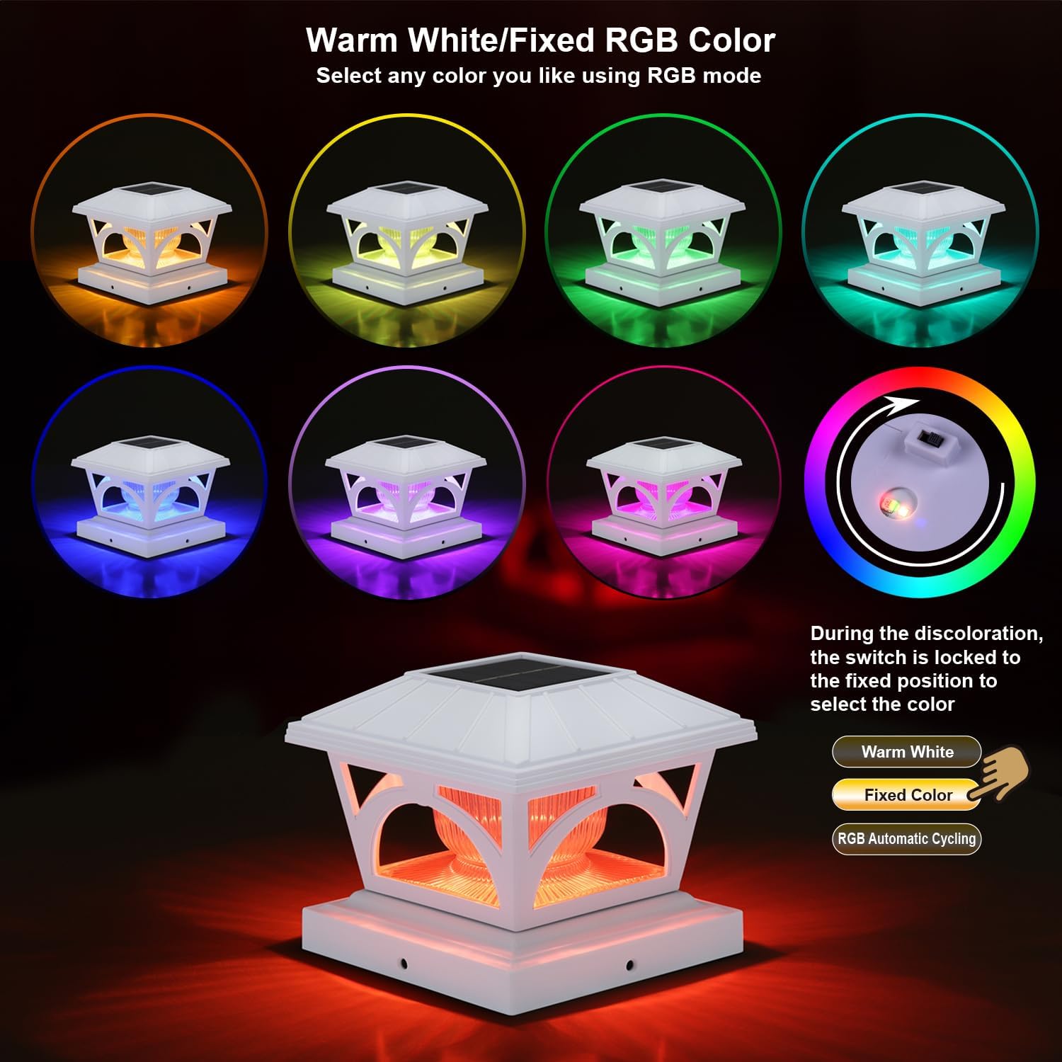 Solar Post Cap Lights, 9 Colors to Choose, 20 Lumens, Warm White & RGB Automatic Cycling & Fixed RGB Color 3 Modes for 3.6x3.6 4x4 4.5x4.5 5x5 Wooden/Vinyl Posts Decoration, White 12 Pack