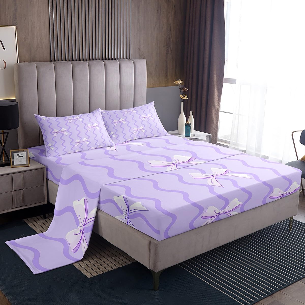 jejeloiu Bowknot Fitted Sheet Twin Size Kids Cute Kawaii Bedding Set for Boys Girls Teens Purple Bed Sheets Set