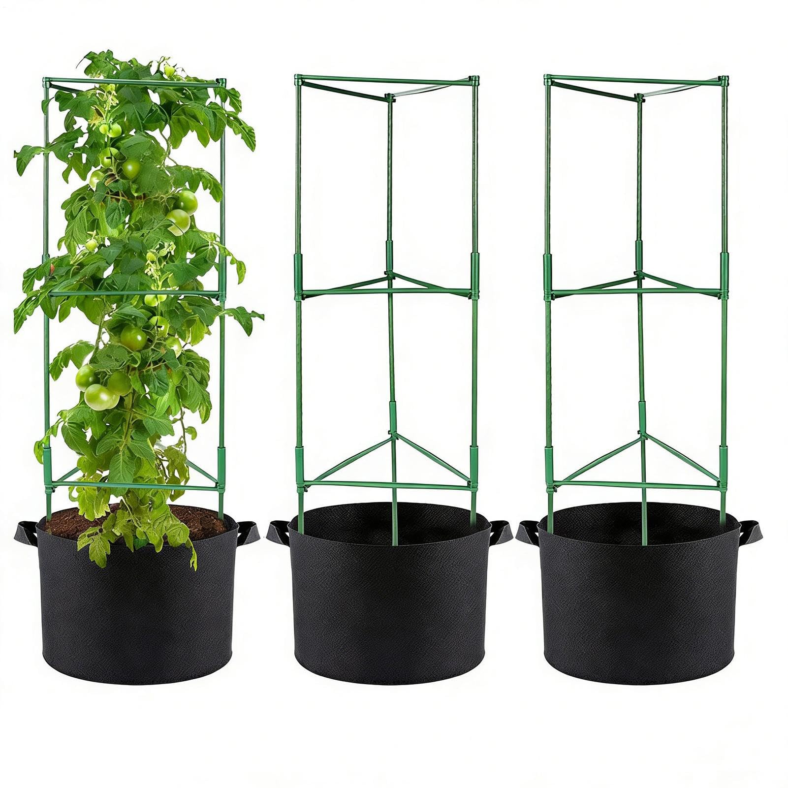 Tomatenkäfige für den Garten, Gemüsepflanzenstütze mit Pflanzbeuteln, verstellbare Klettergemüse, Obstpfähle, für Zuhause, Innen- und Außenbereich, Balkon, Terrasse, Terrasse, Boden, Gartenarbeit