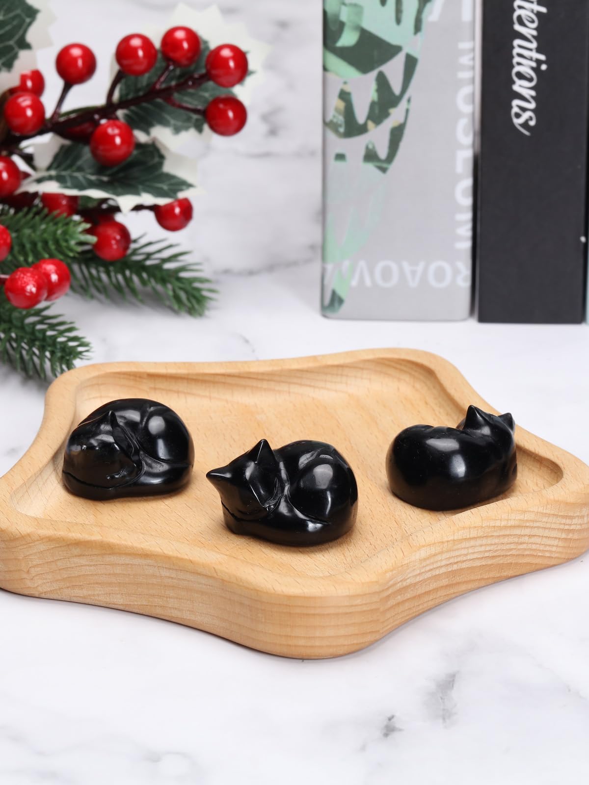 CrystalTears Black Obsidian Crystal Cat Figurine Ornament Healing Crystals Gemstone Animal Sleeping Cat Statue for Home Office Desk Decor Good Luck Cute Cats Gifts for Cat Lovers Women Christmas - Image 3