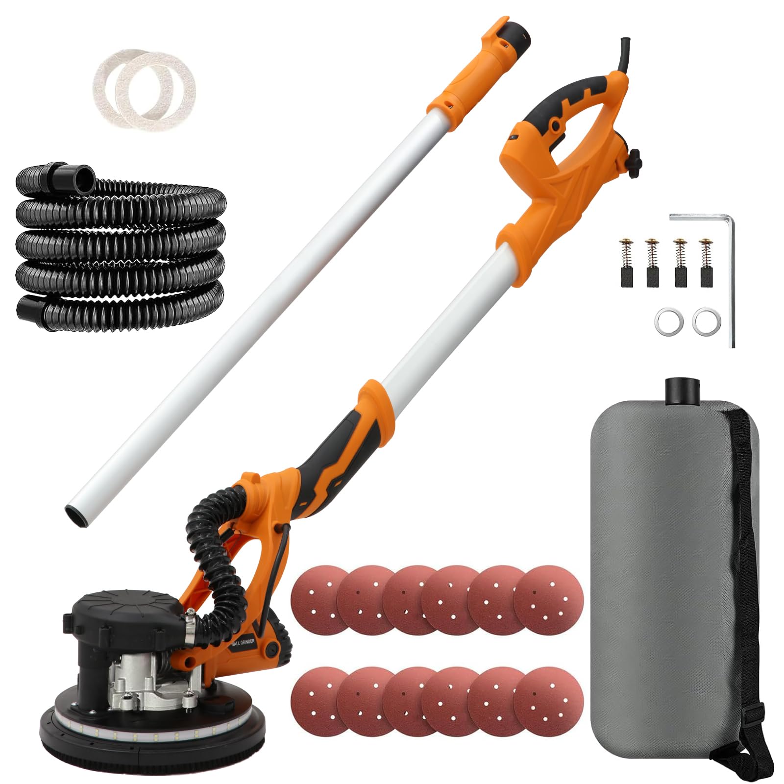 Lijadora para paneles de yeso, 1250 W, Ponceuse Mur et Plafond à 5 Vitesses Variables 800-1800 tr/min, Manche Téléscopique, Éclairage LED Intérieur gré et Sac de Collecte de Poussière Aspirant
