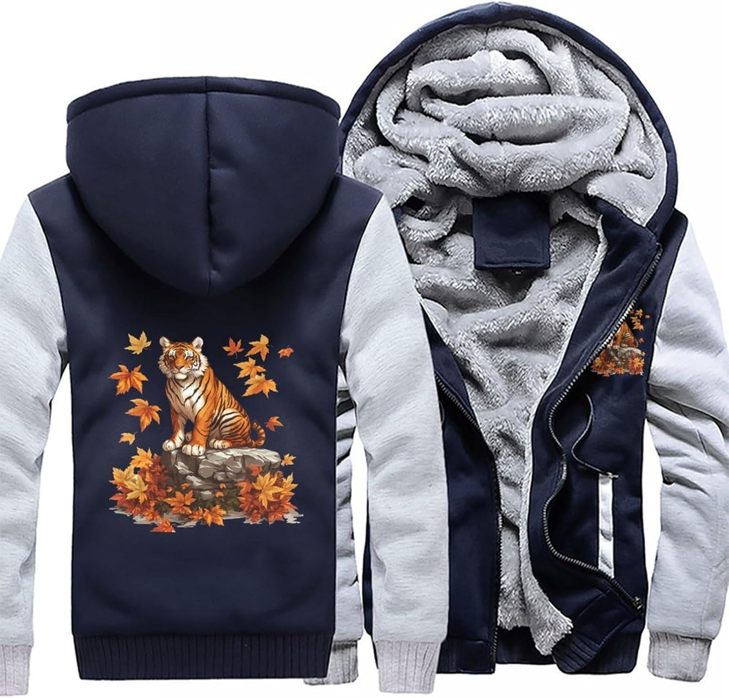 Autumn Tiger Men's Hoodie Full-Zip Hooded Sweatshirt Fleece Jacket Coat Winter Warm Clothing