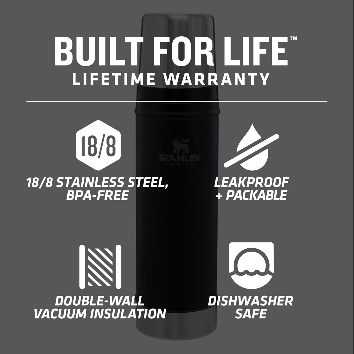 Stanley Classic Vacuum Insulated Wide Mouth Bottle - BPA-Free 18/8 Stainless Steel Thermos for Cold & Hot Beverages – Keeps Liquid Hot or Cold for Up to 24 Hours – Lifetime Warranty : Home & Kitchen