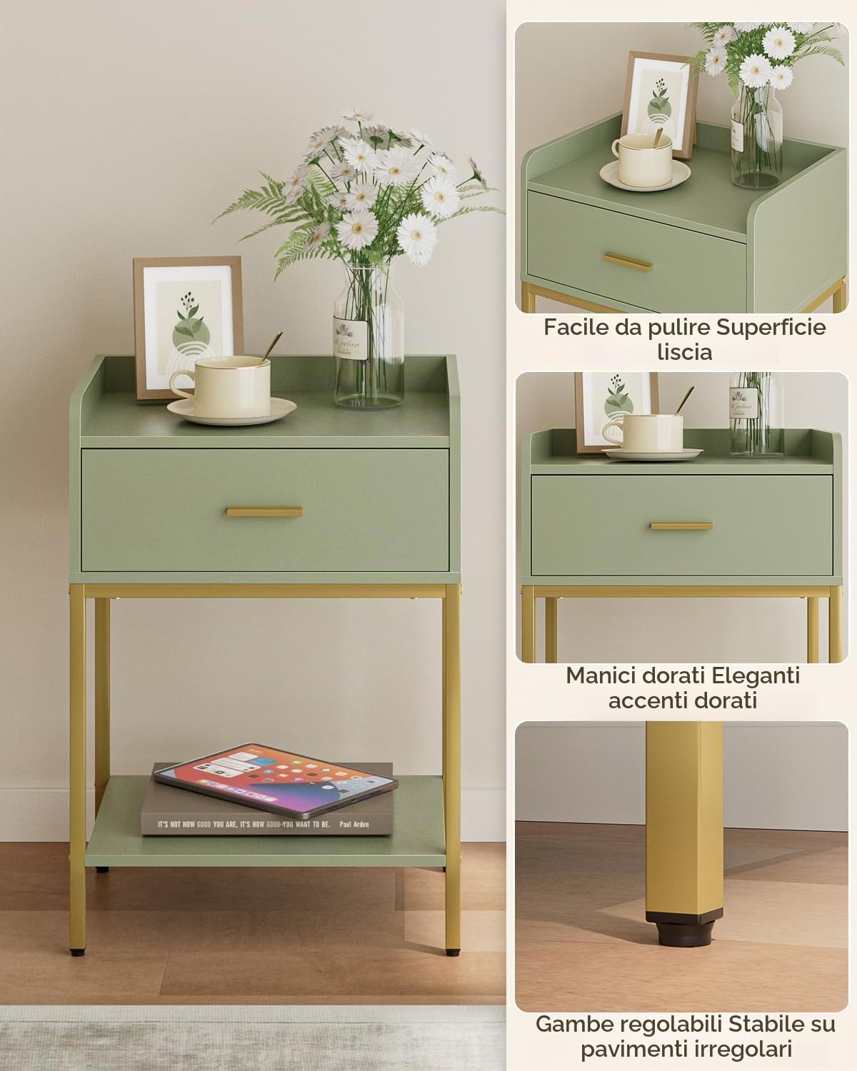 HEYZOEY Comodino verde, comodino moderno a 3 posti, con cassetto e scaffale, piccolo tavolino per camera da letto, soggiorno, verde (senza presa)